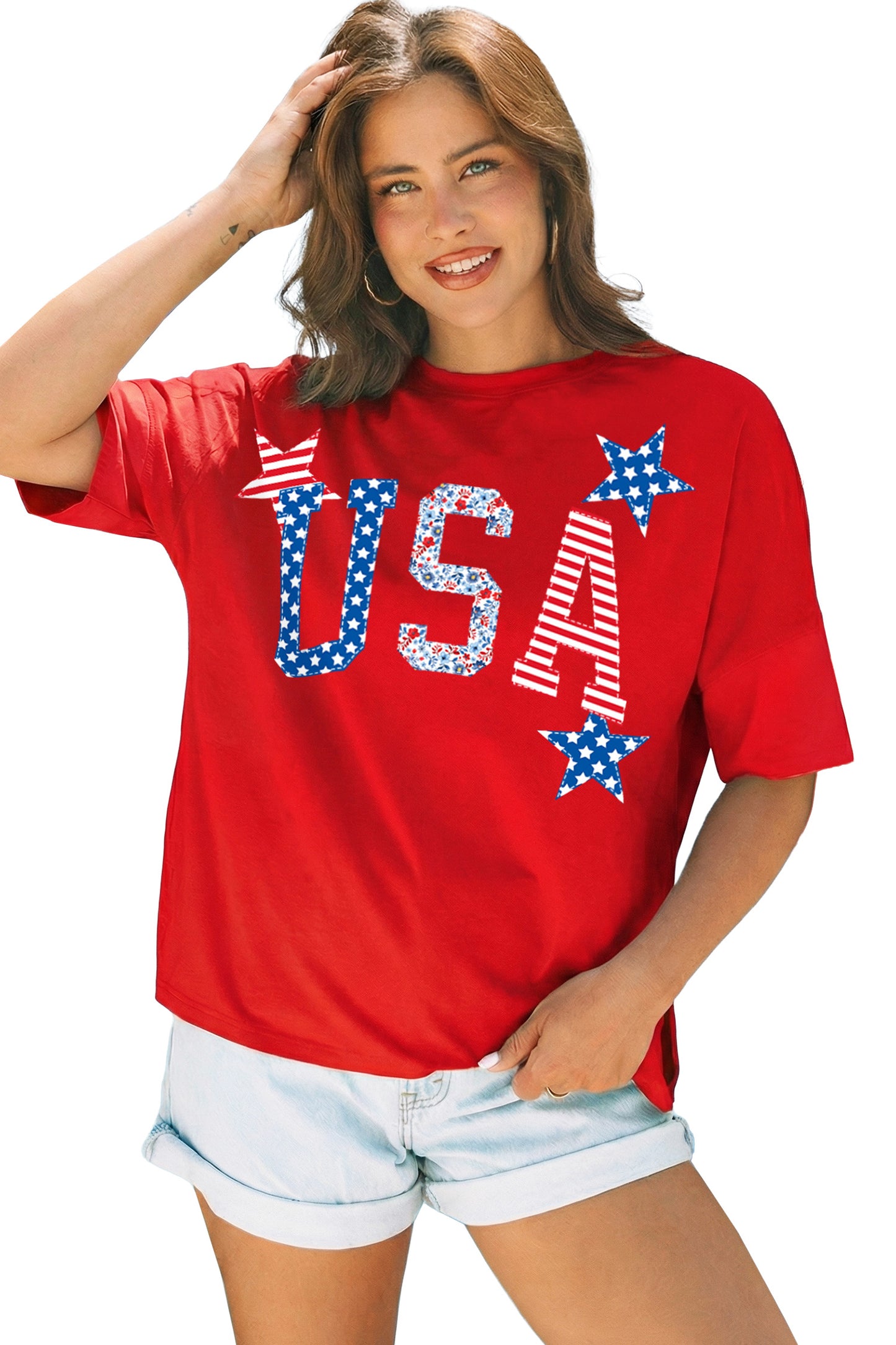 Fiery Red USA Patriotic Star Patched Oversize Tee
