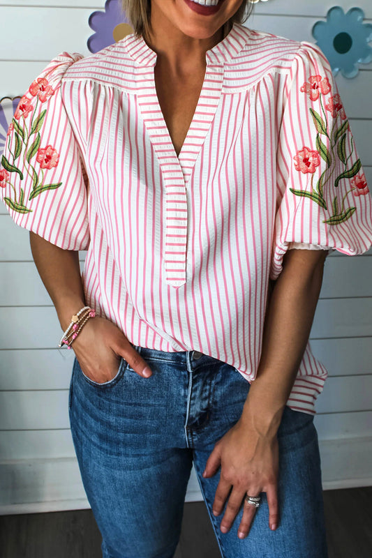 Pink Floral Embroidered Puff Sleeve V Neck Blouse