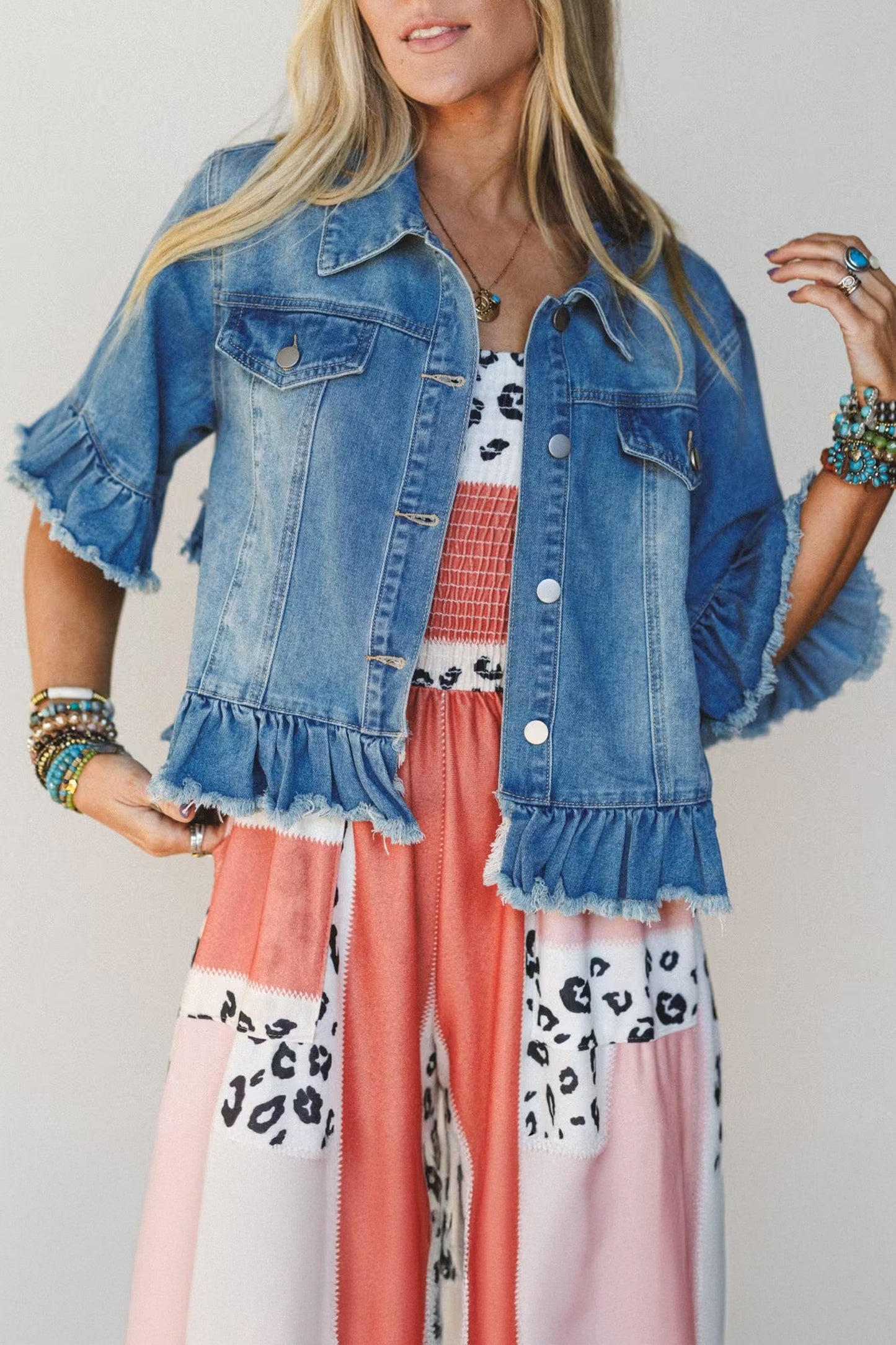 Blue Ruffle Hem Denim Jacket Half Sleeve Western Style