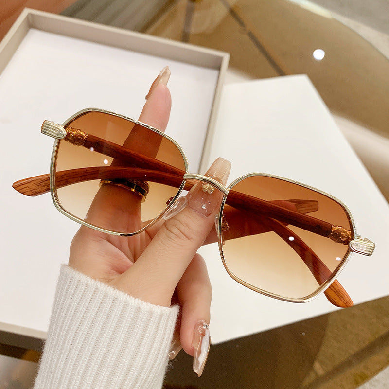 wood-grain side polygonal sunglasses