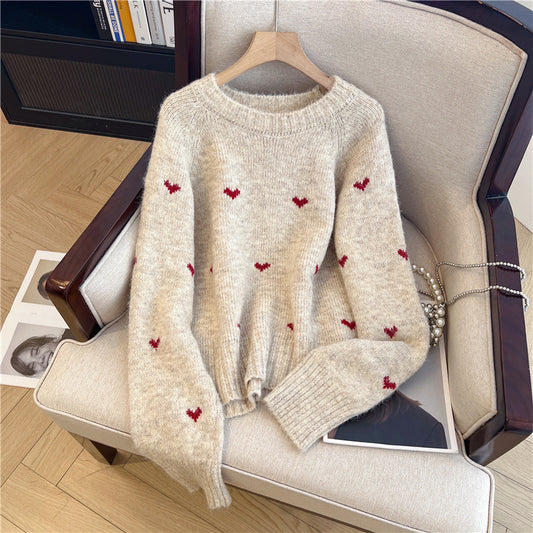 heart-embroidered round-neck sweater