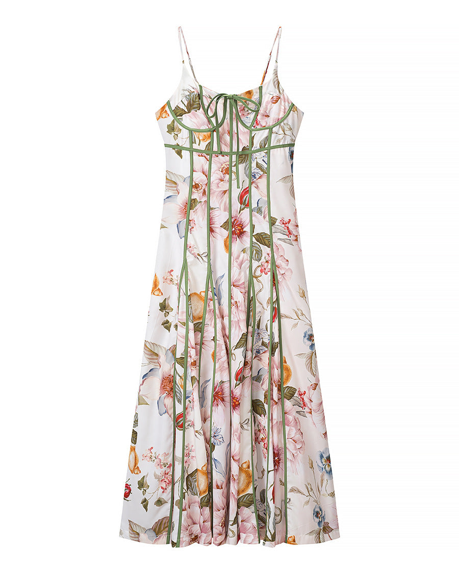 flower print long swing dress with seaming detail