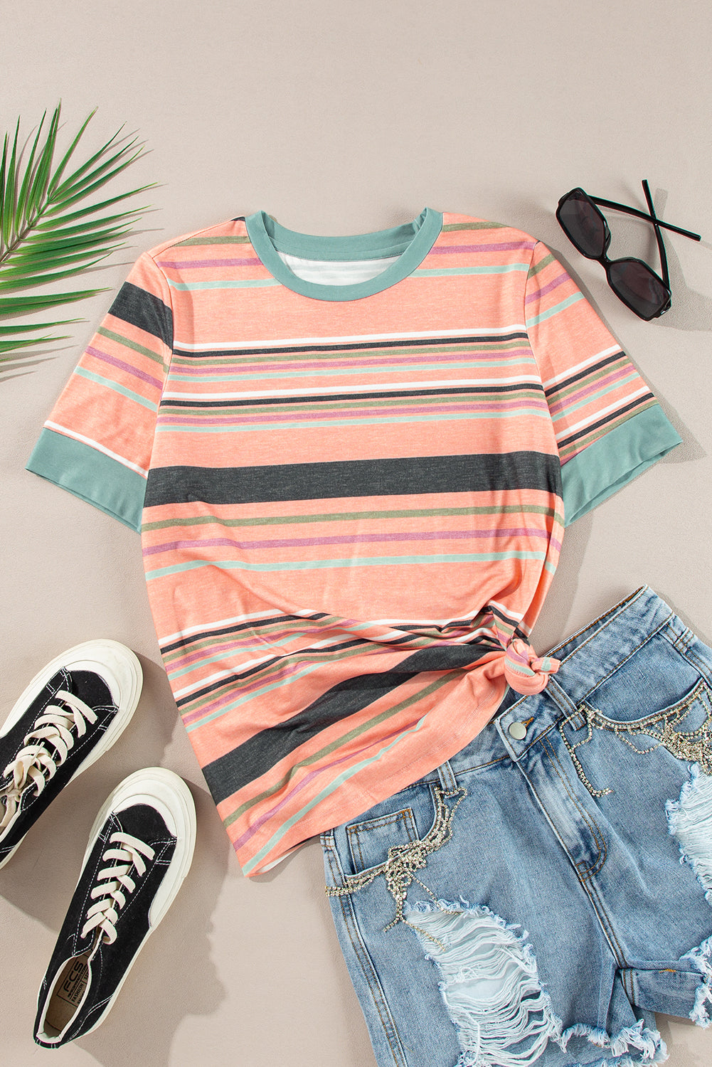 Pink Multicolor Stripes Crew Neck T Shirt