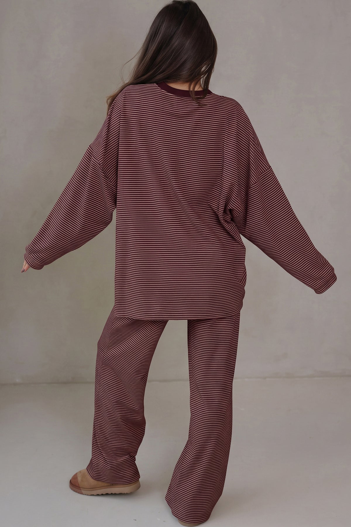 Blue Stripe Contrast Trim Round Neck Oversize Long Sleeve Top 2pcs Pant Set