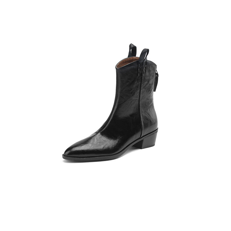 Pointed-toe Western cowboy boots, chunky-heeled stylish ankle boots