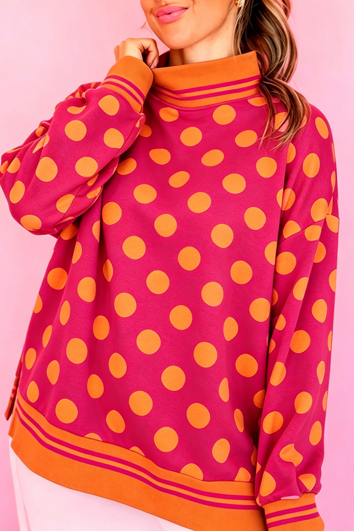 Pink Polka Dot Striped Trim Mock Neck Sweatshirt