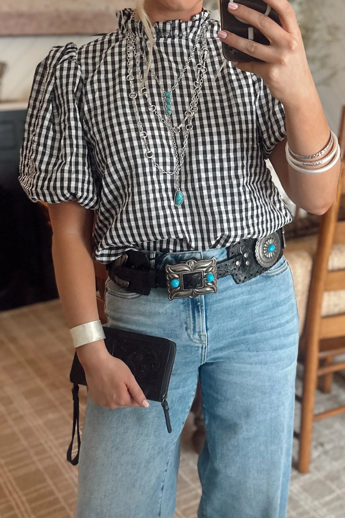 Black Plaid Short Puff Sleeve Frilled Neck Blouse