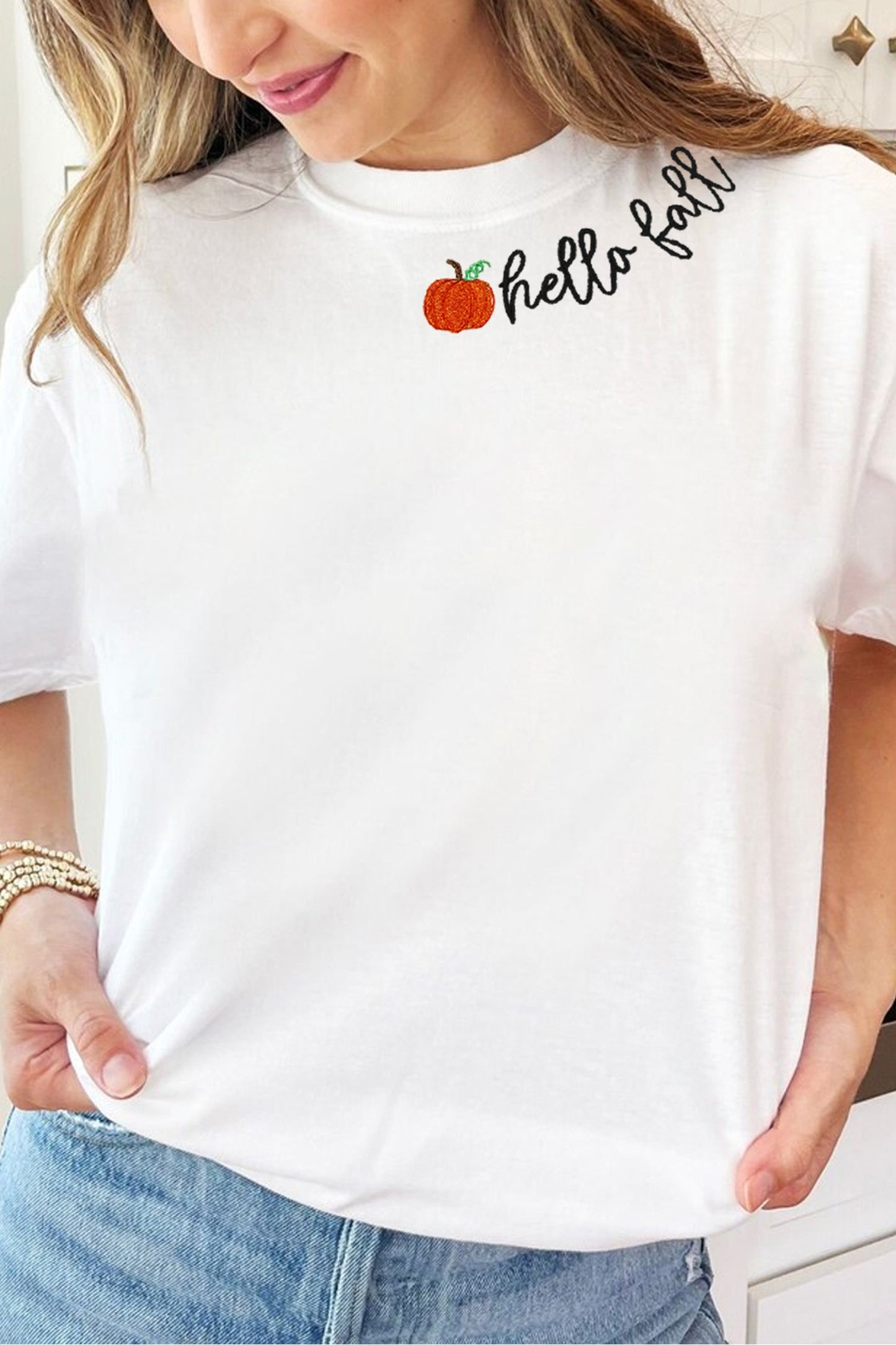White hello fall Embroidered Pumpkin Hello Casual Round Neck T Shirt