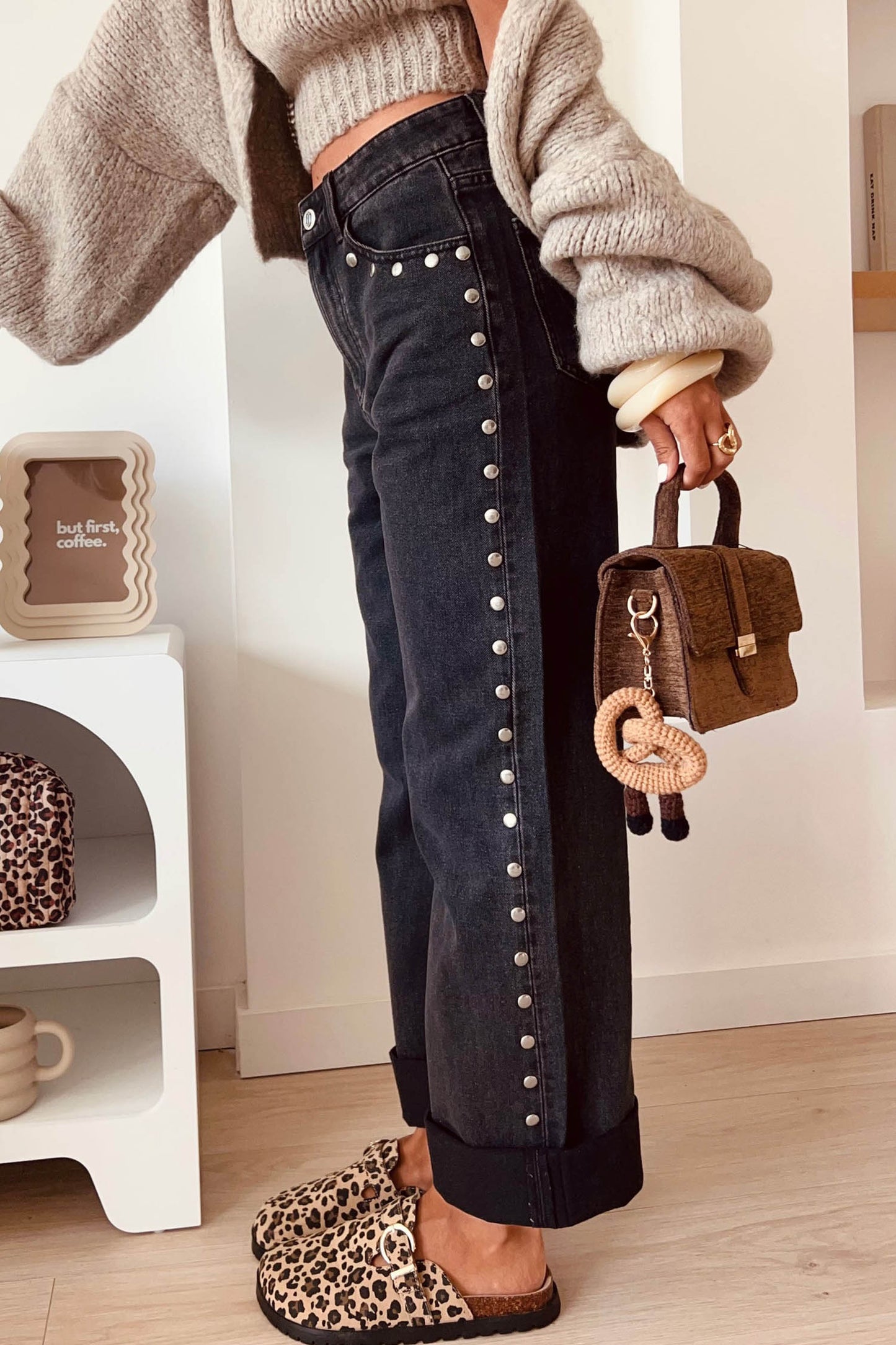 Black Studded Detail Straight Leg Casual Loose Jeans