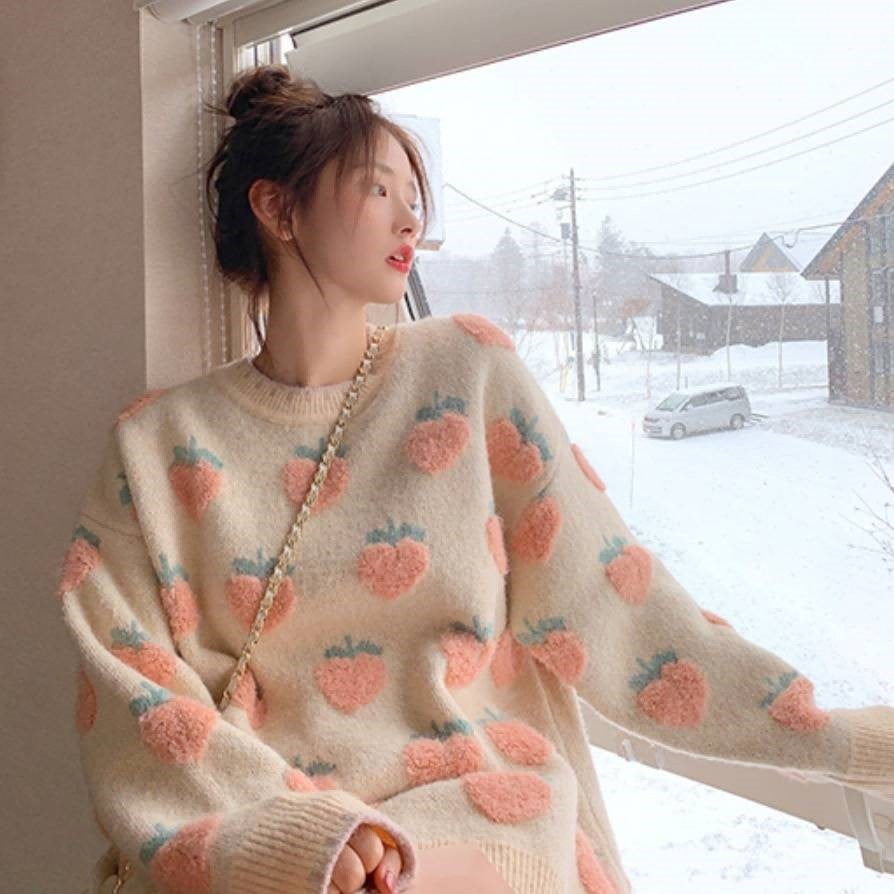 Peach and strawberry jacquard sweater
