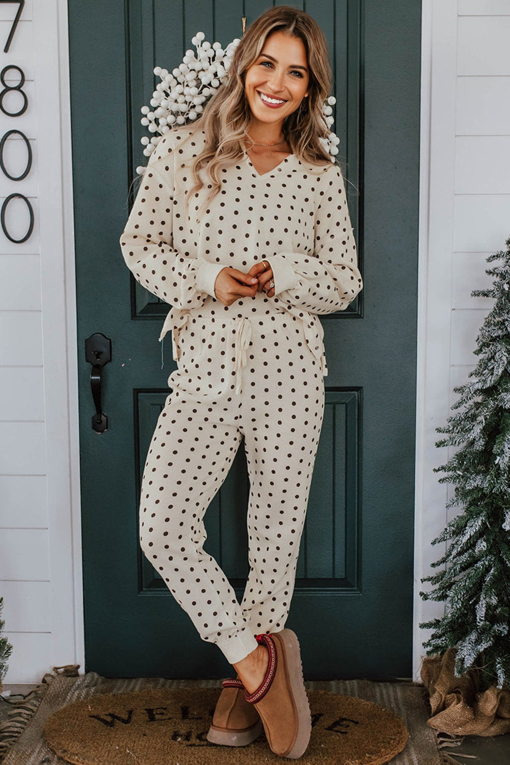 White Polka Dot Print Long Sleeve Top Drawstring Jogger Pants Lounge Set