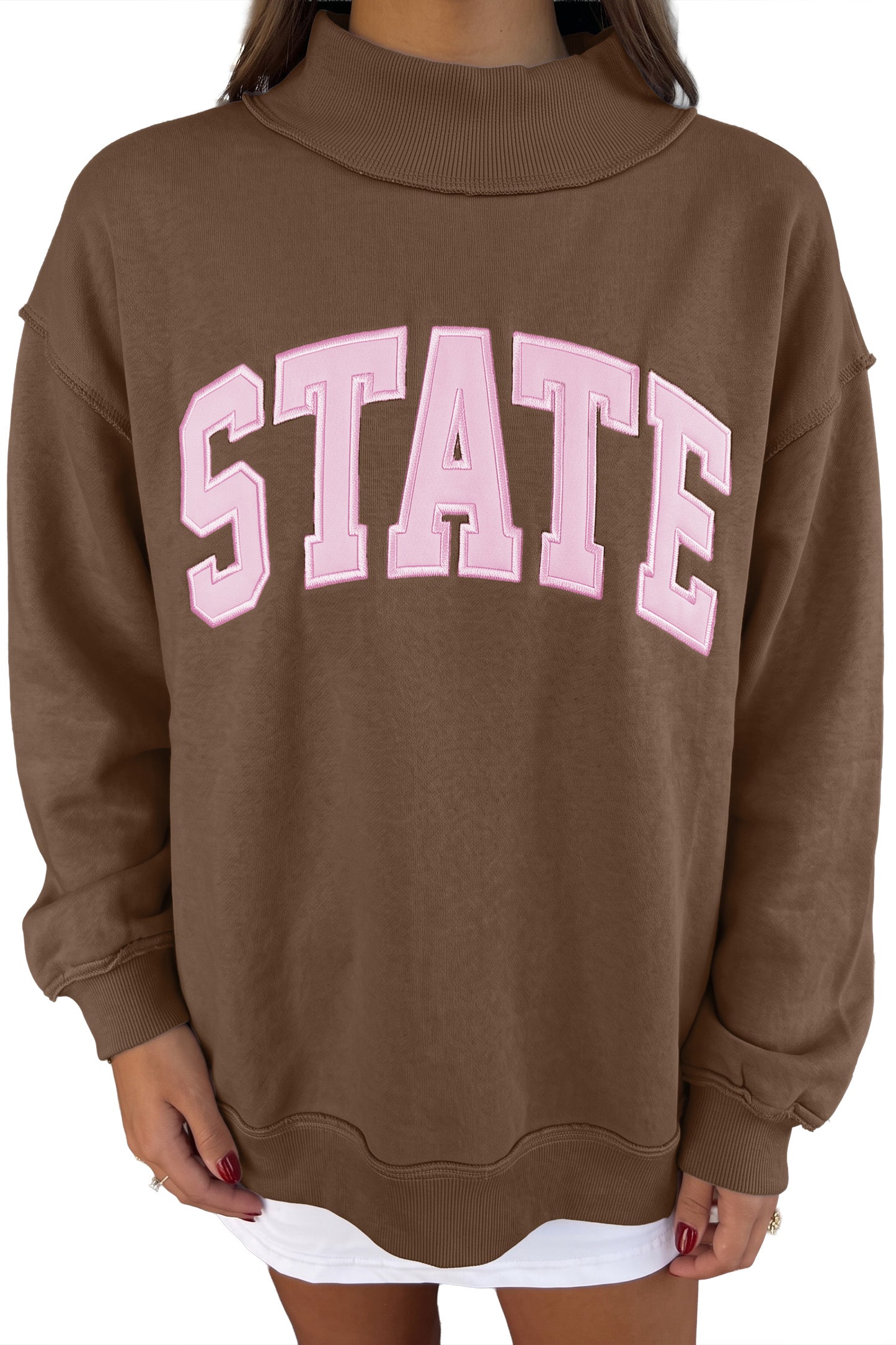 Light Grey Exposed Seam Mock Neck STATE Letter Graphic Loose Sweatshirt