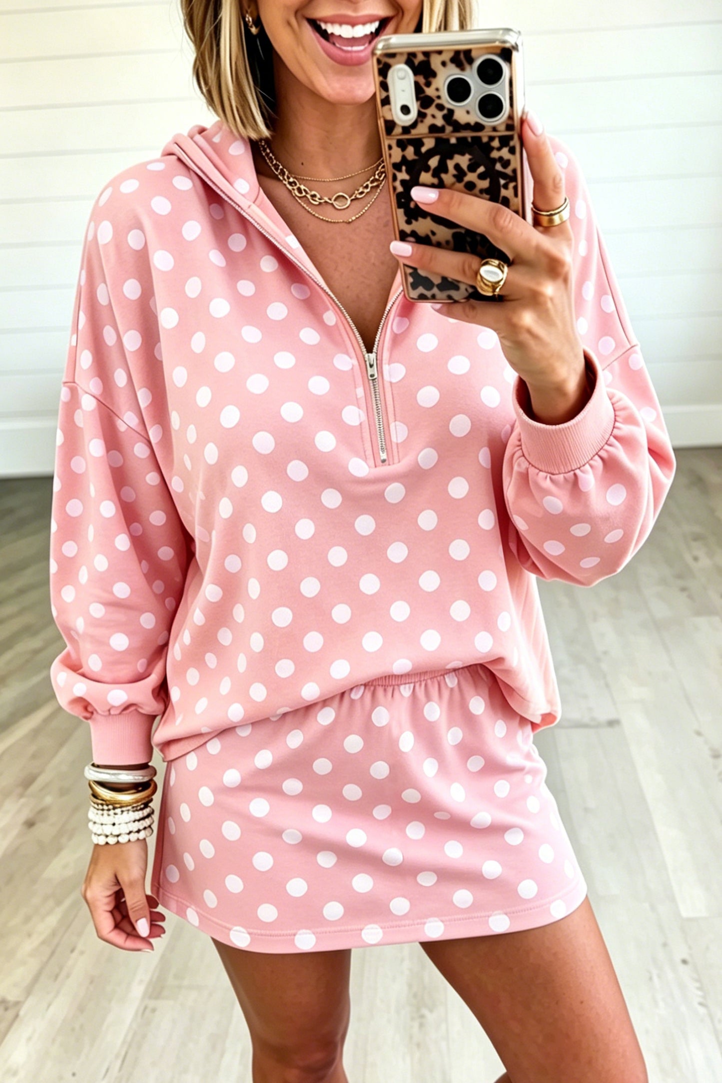 Orange Polka Dot Hooded Long Sleeve Top Casual Mini Skort Set