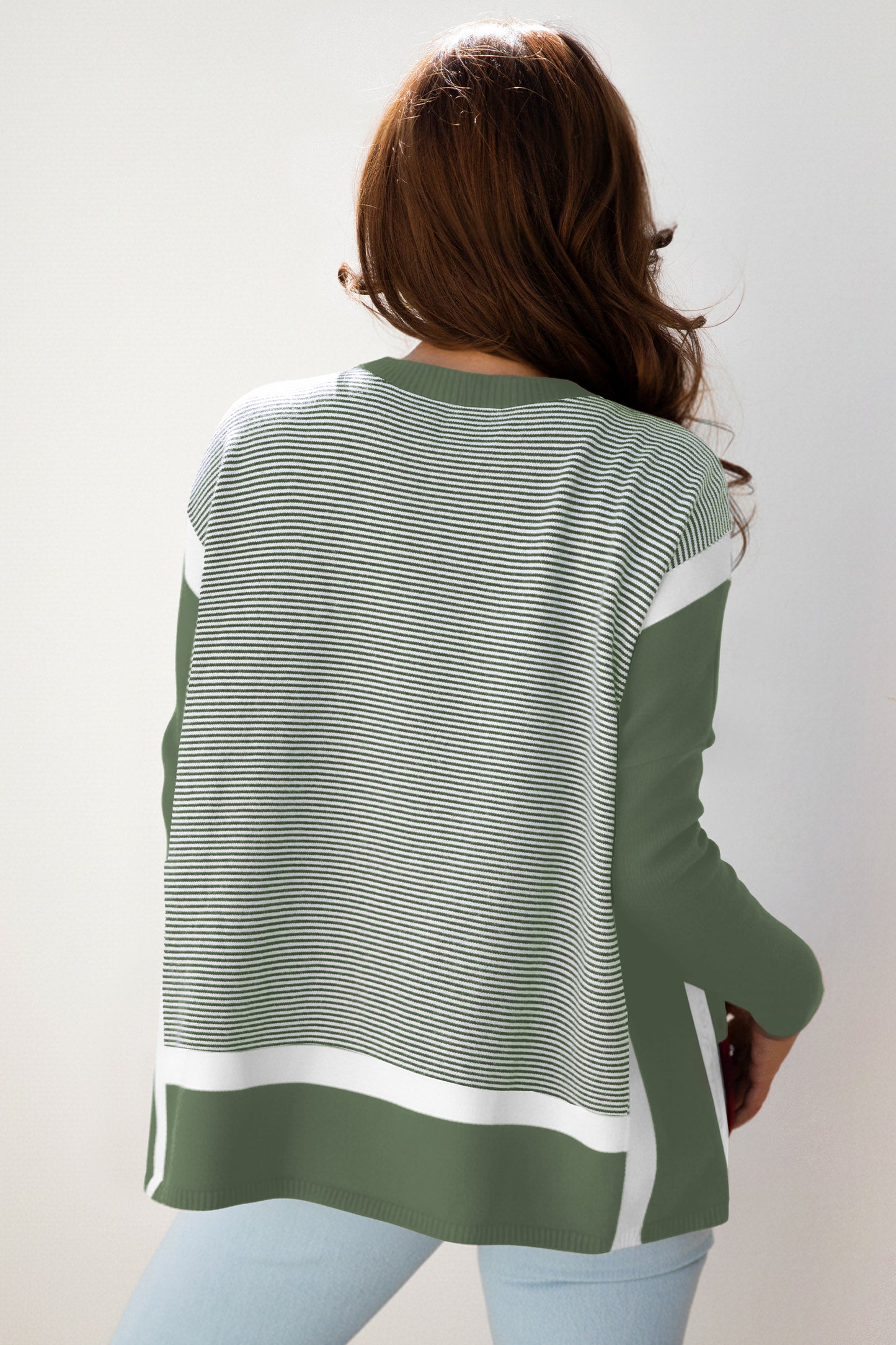 Green Stripe Color Block Patchwork Dolman Oversize Tunic Sweater
