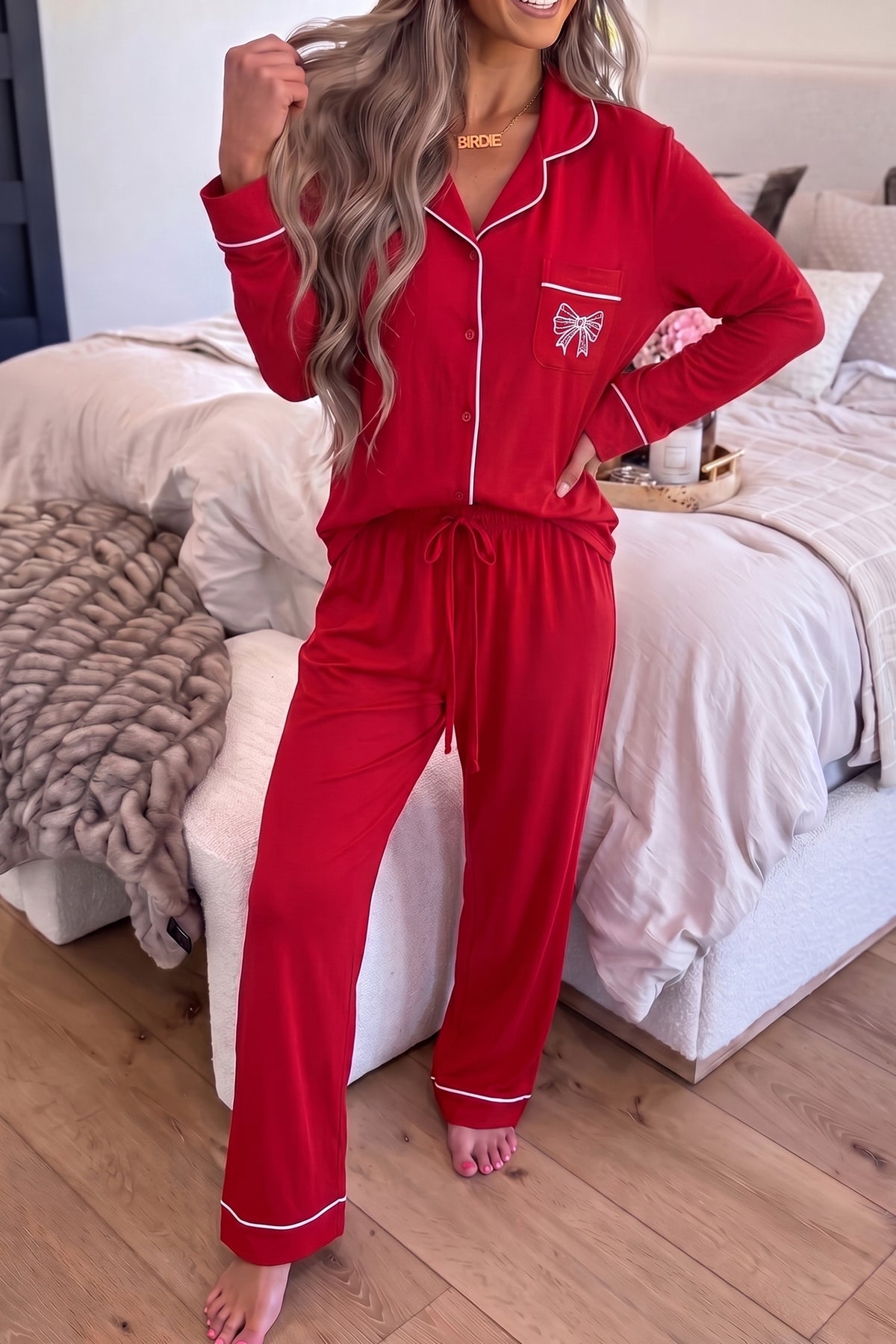 Racing Red Bow Pocket Detail Long Sleeve Shirt 2pcs Pajama Set
