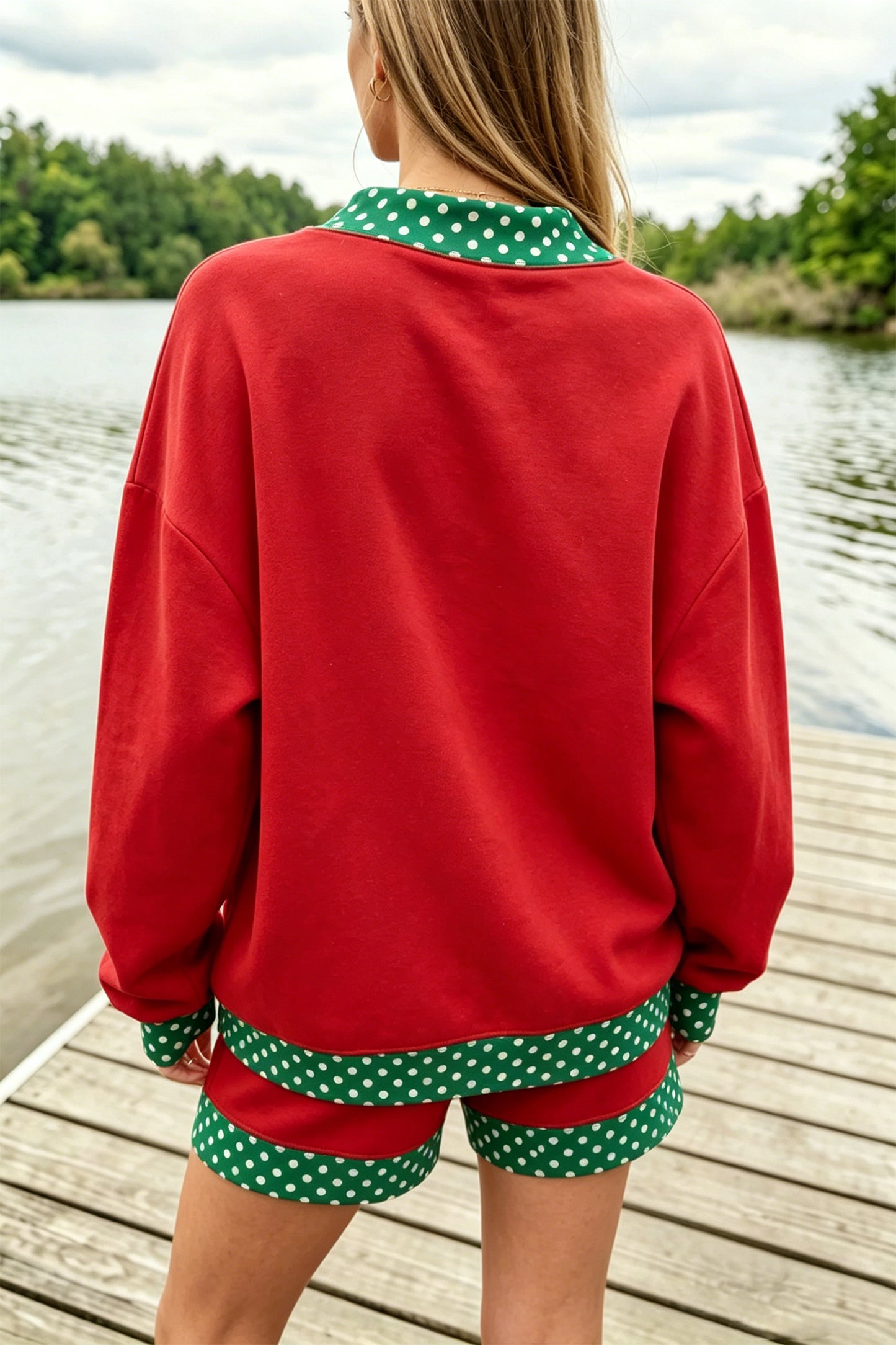 Fiery Red Gingham Trim Baggy Pullover 2pcs Short Set