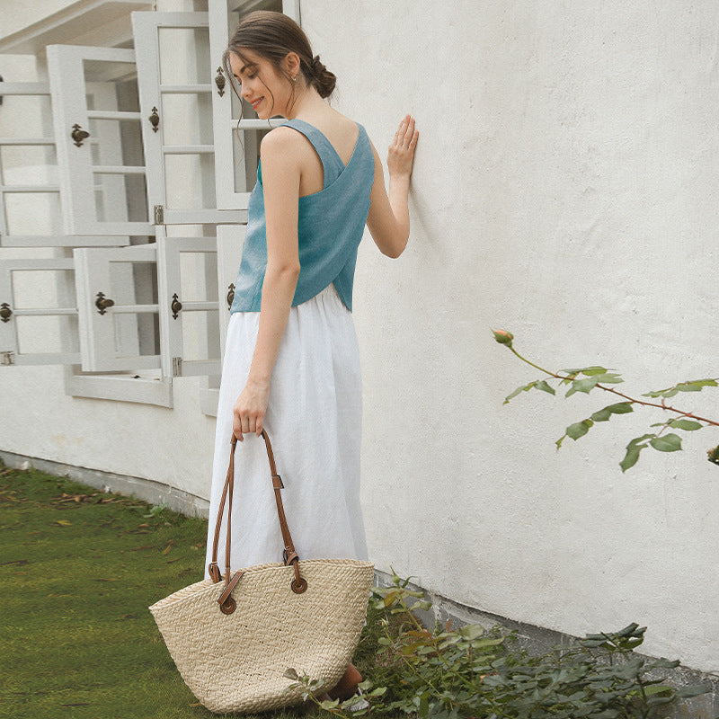 linen tank with crisscross back detail