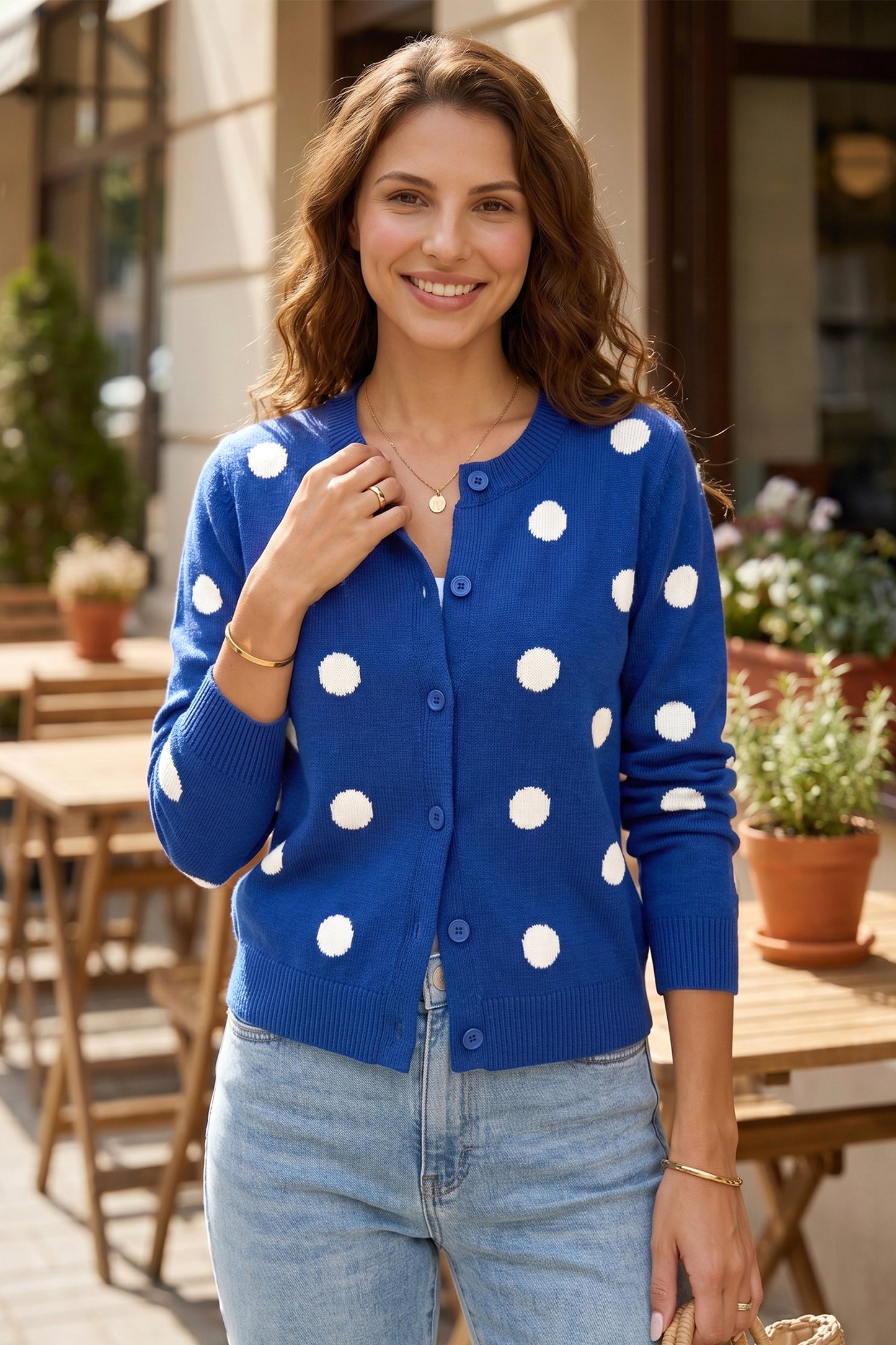 Bluing Casual Polka Dot Button Front Long Sleeve Sweater Cardigan