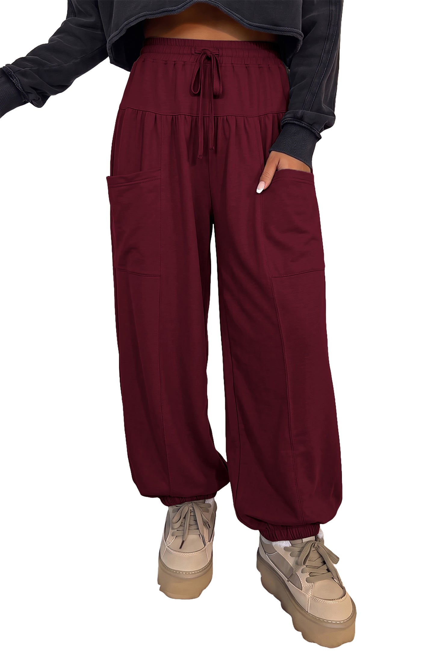Dirty blue Elastic Waist Drawstring Wide Leg Full Length Pants