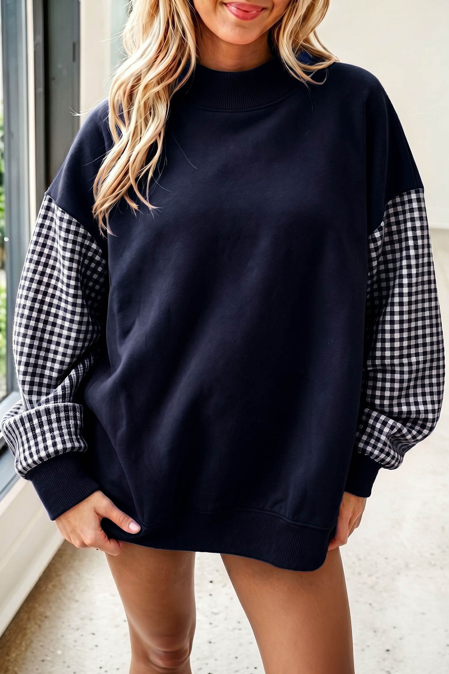Pink Plaid Sleeve Colorblock Loose Tunic Sweatshirt