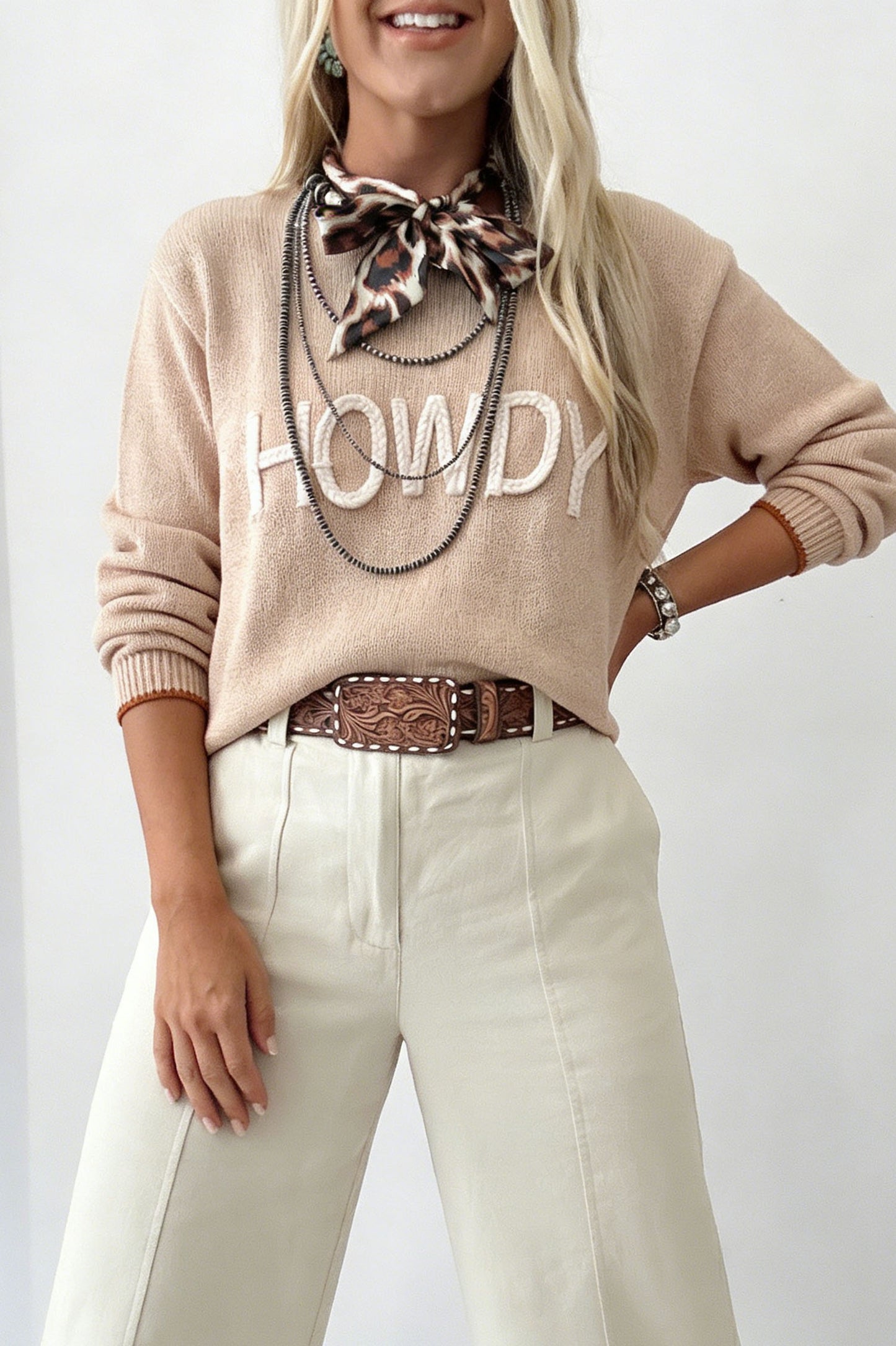 Parchment Corder HOWDY Letter Graphic Crew Neck Relaxed Sweater