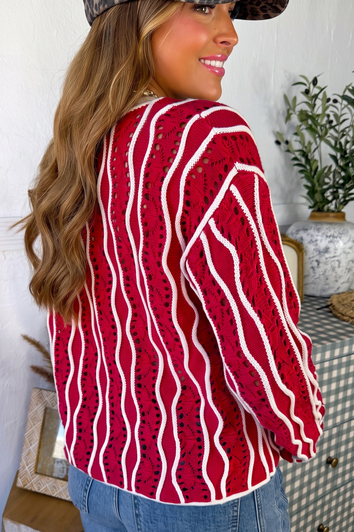Khaki Wavy Detail Hollow Out Knit Long Sleeve Cotton Pullover Sweater