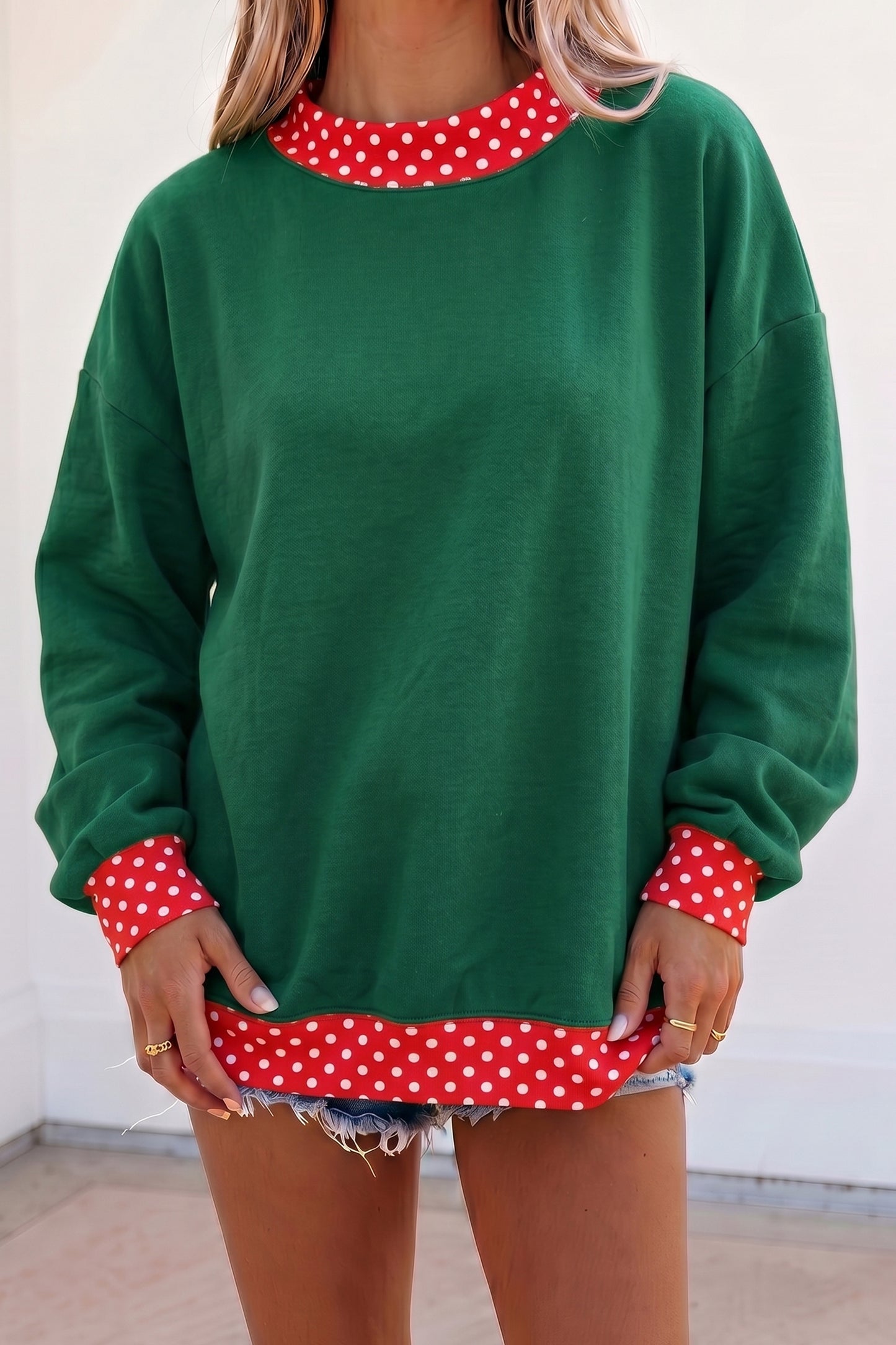 Racing Red Colorblock Polka Dot Contrast Trim Oversized Sweatshirt