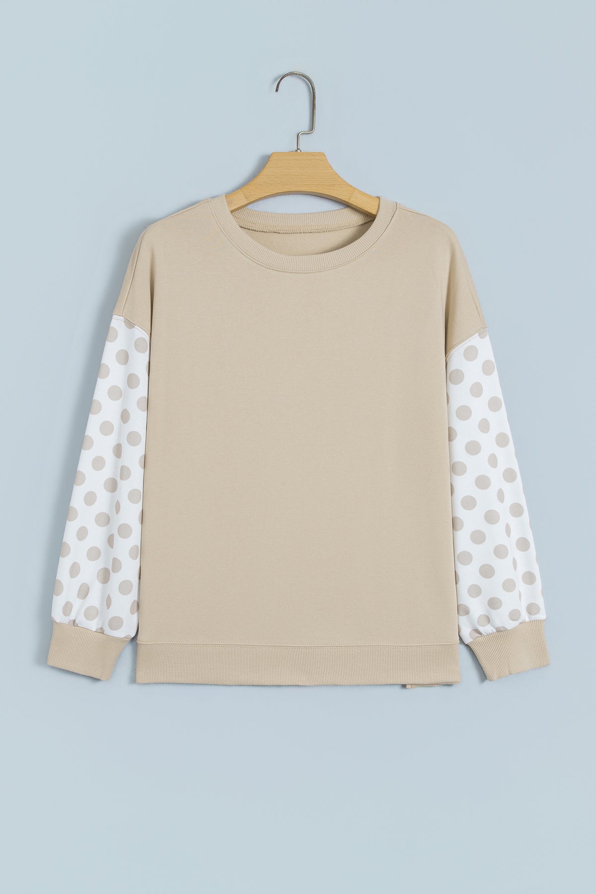 Sky Blue Polka Dot Patchwork Sleeve Crew Neck Loose Pullover Sweatshirt