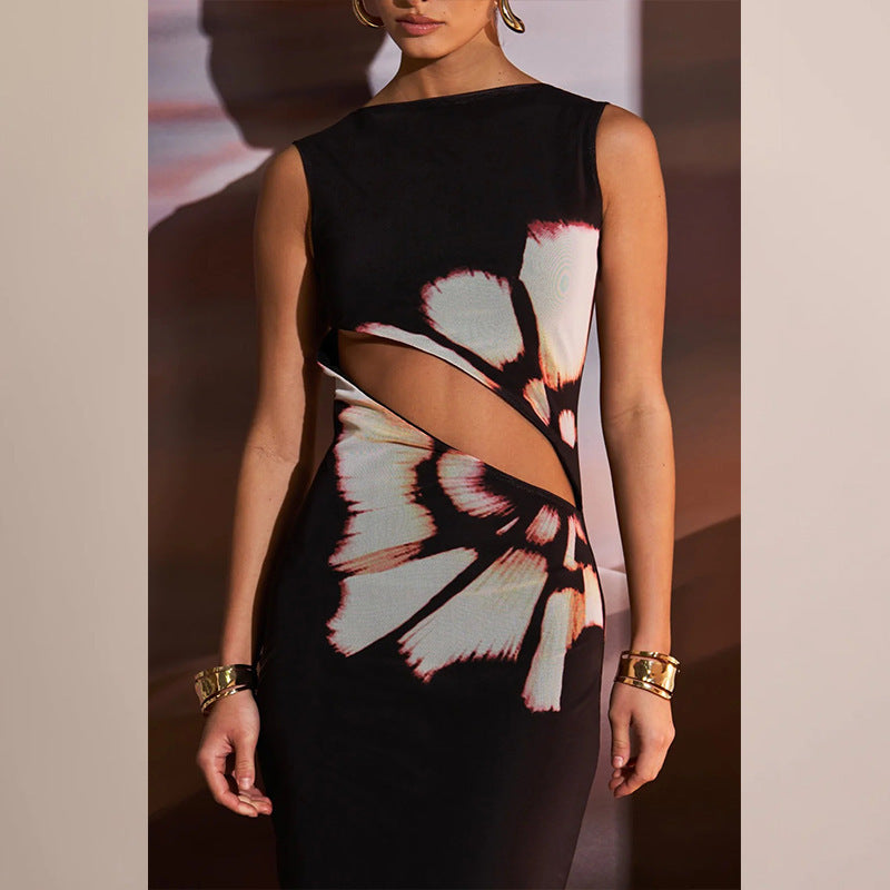 Printed sleeveless dress with cutout