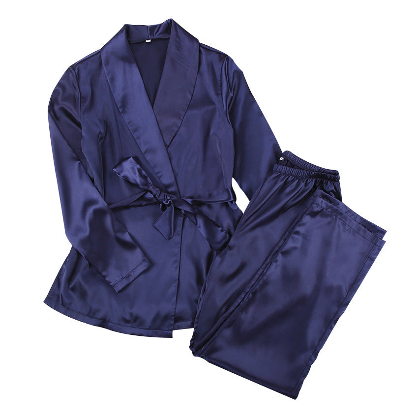 imitation silk cardigan blouse trousers pajamas set