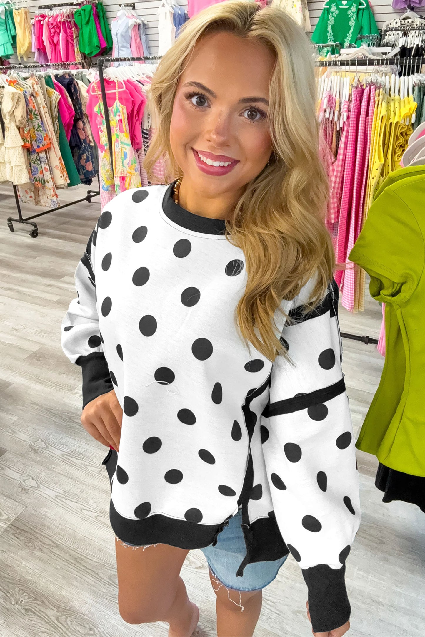 Blue Polka Dot Contrast Patchwork Round Neck Baggy Sweatshirt