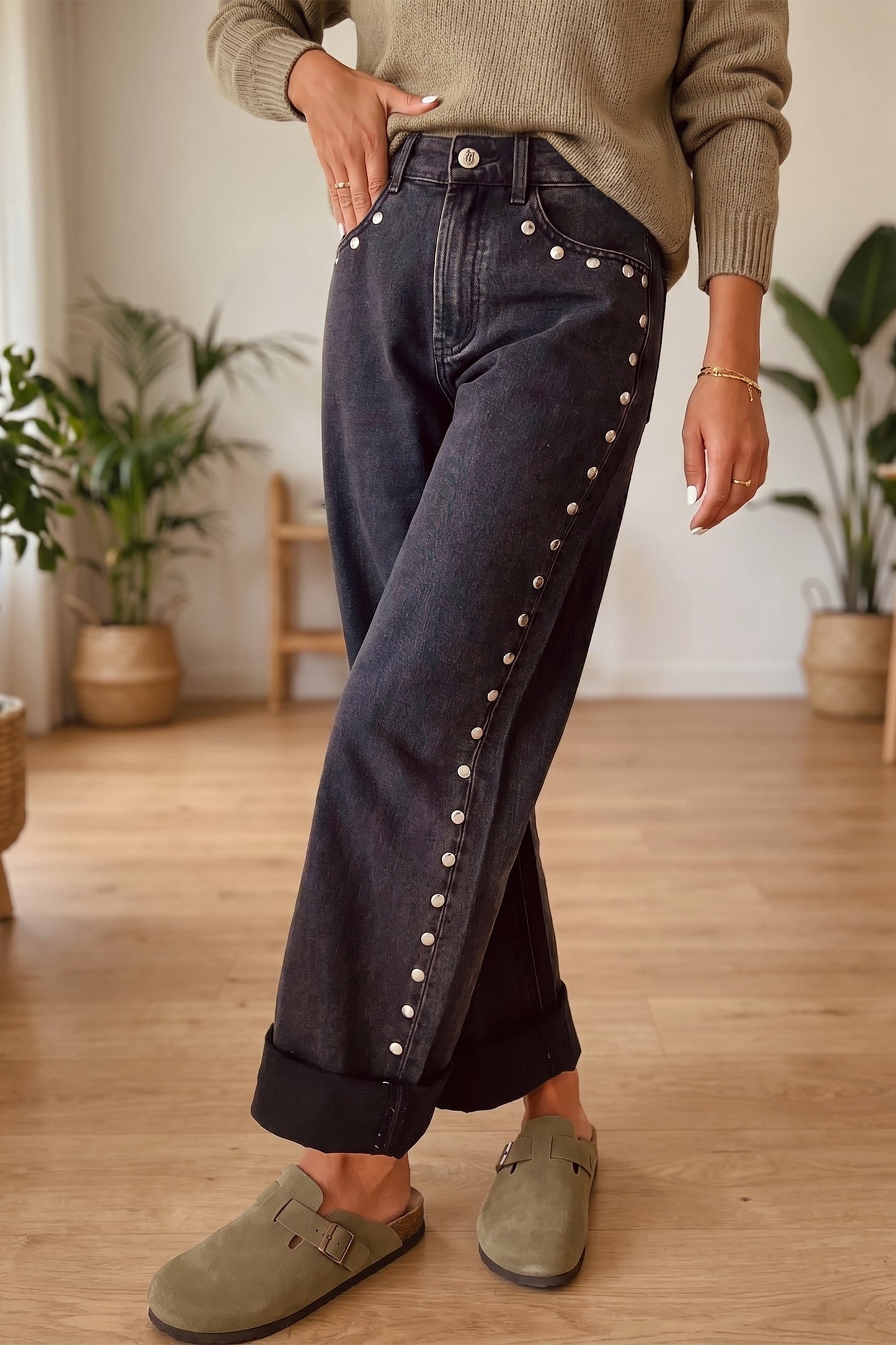 Black Studded Detail Straight Leg Casual Loose Jeans