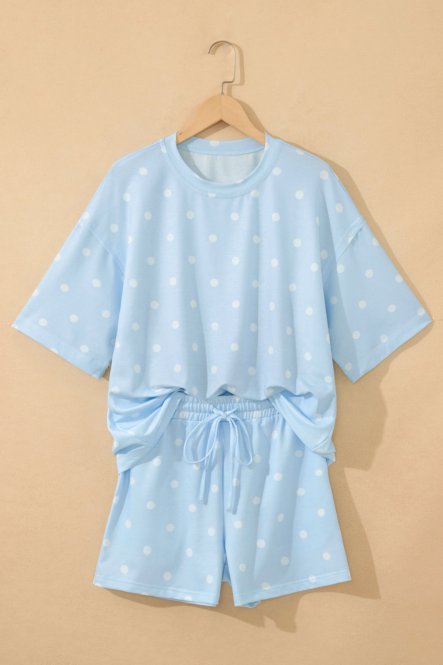Yellow Exposed Seam Detail Polka Dot Loose Tee Drawstring Shorts Set
