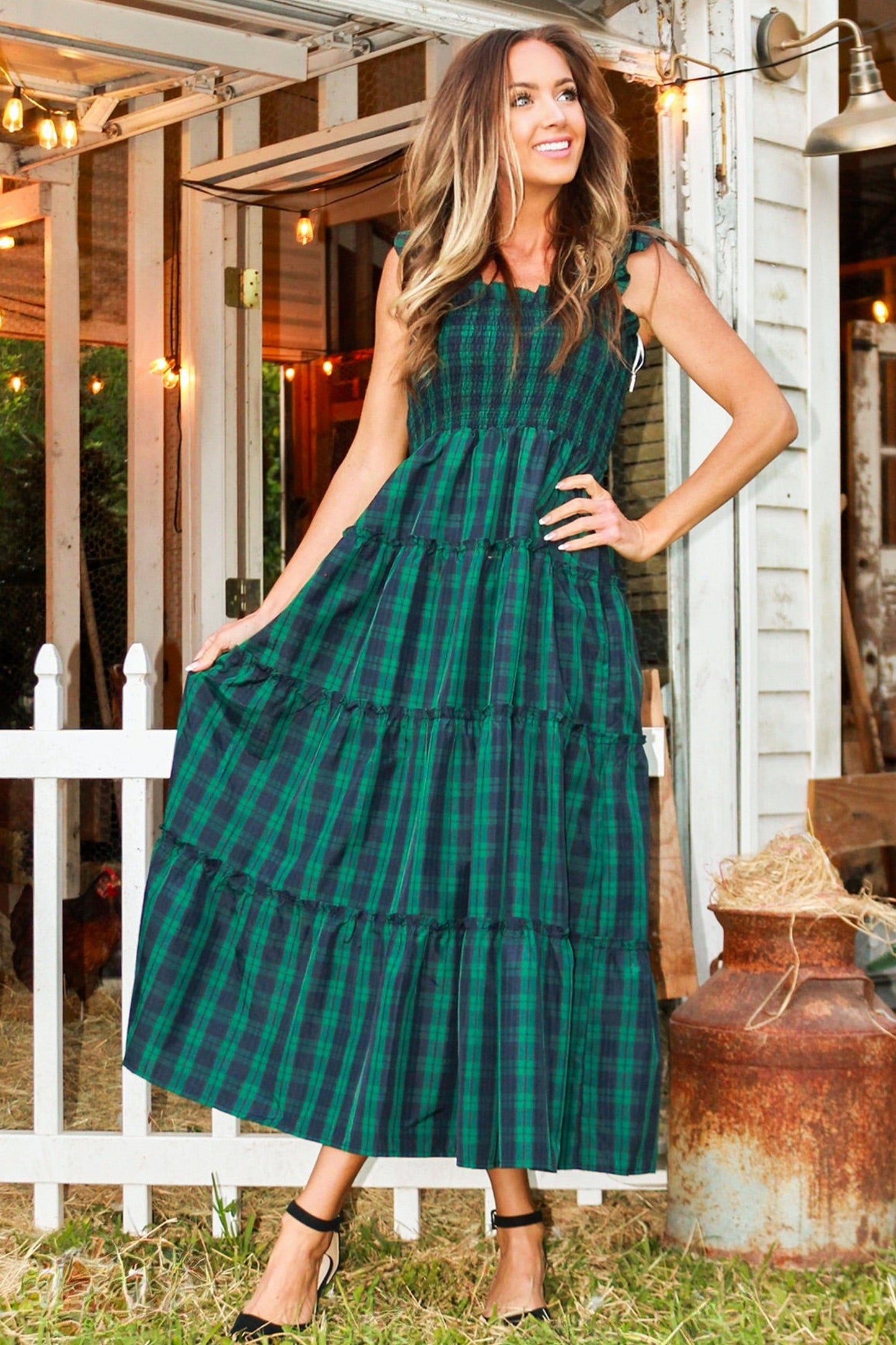 Green Sleeveless Square Neck Plaid Midi Dress with Ruffles and Shirred Bodice