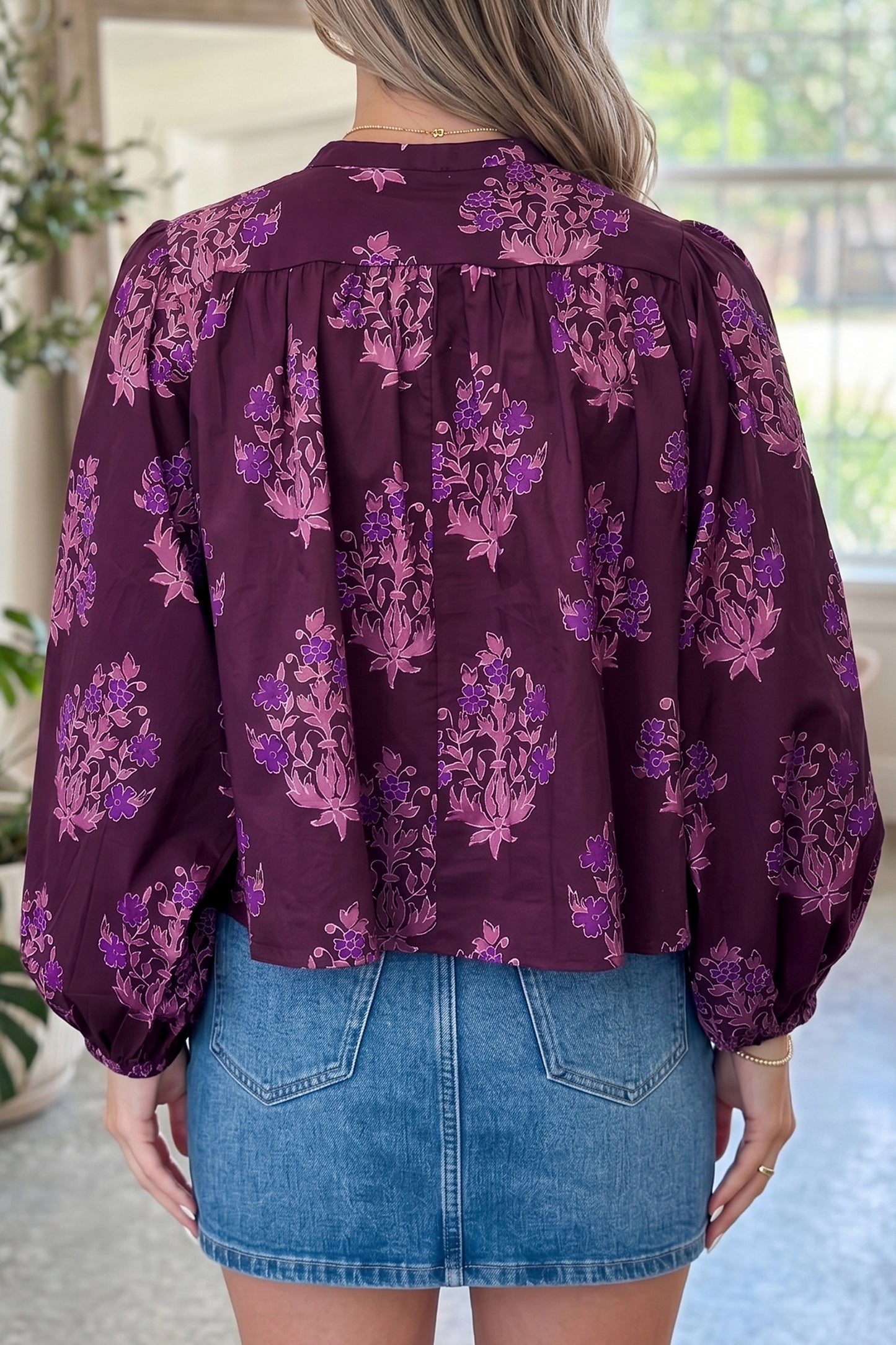 Purple Floral Print Button-Up Long Sleeve Regular Fit Shift Blouse