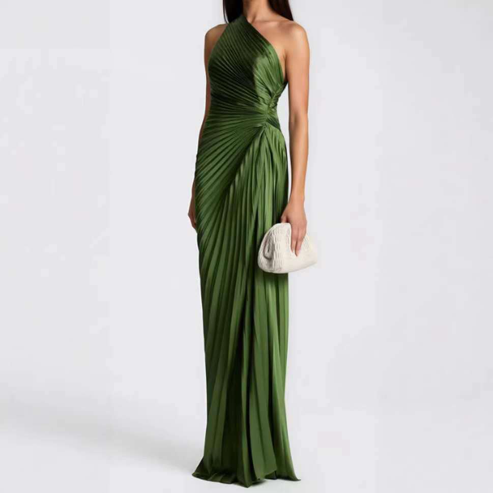 ruched one shoulder dress with pleated detail