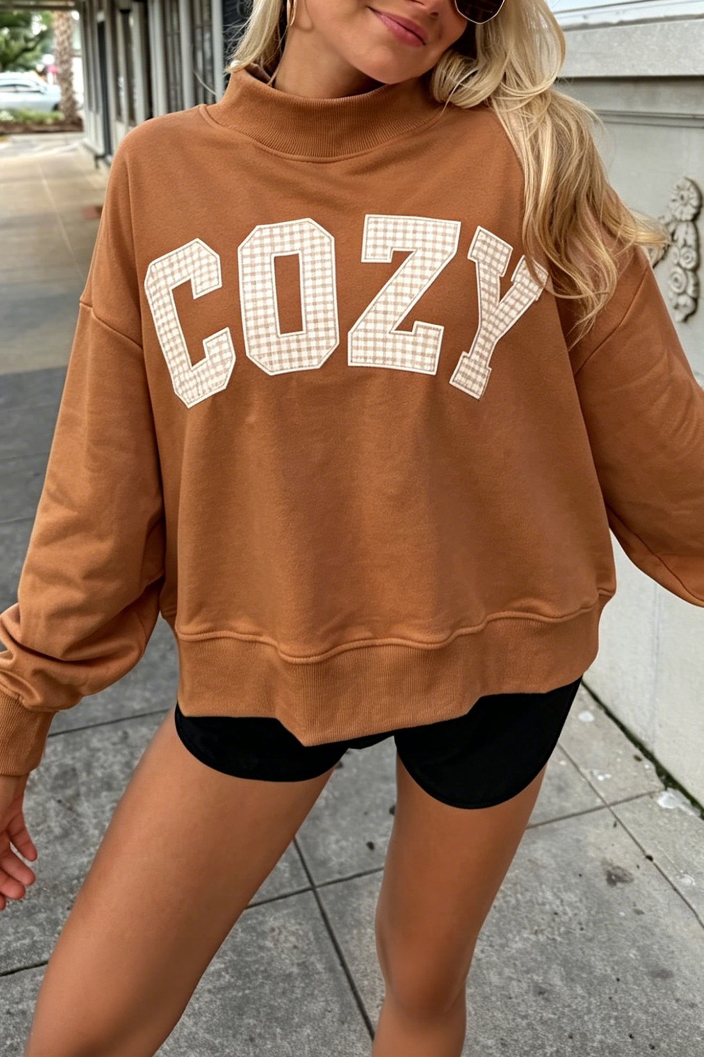Chestnut Stay Salty Embroidered Long Sleeve Stand Neck Shift Pullover Sweatshirt