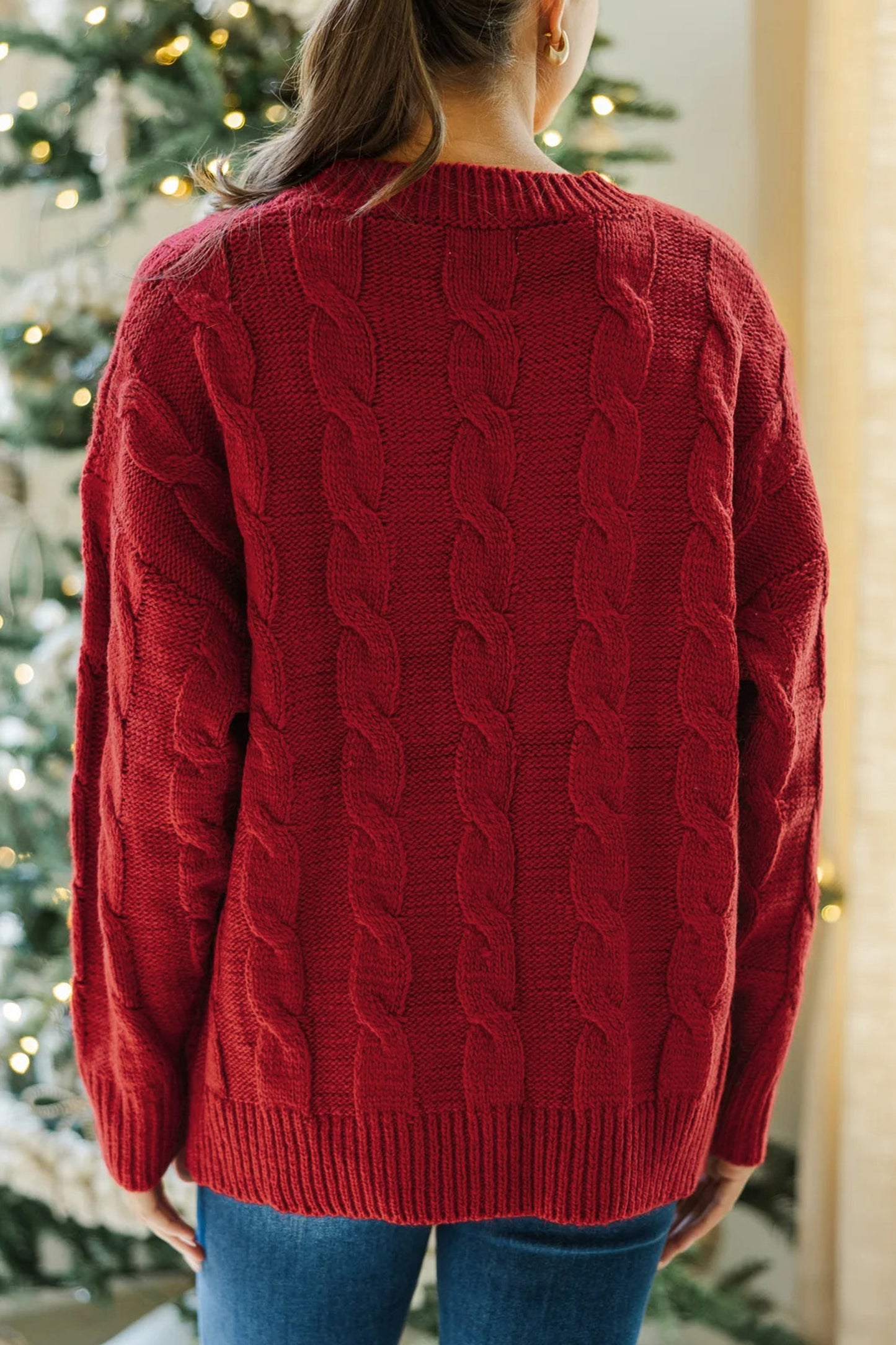 Fiery Red Falala Cable Knit Dropped Shoulder Pullover Sweater