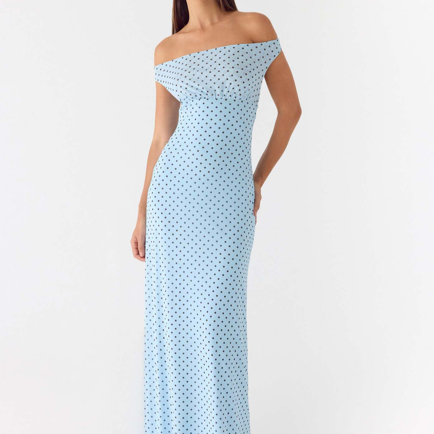 Elegant polka dot off the shoulder gown