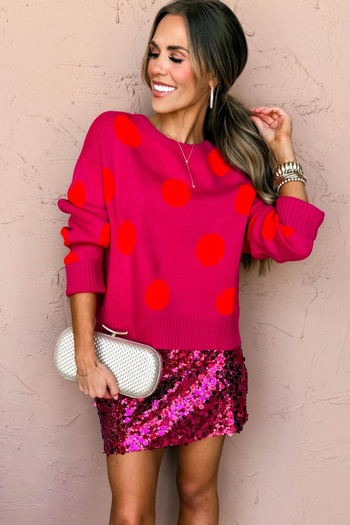 Strawberry Pink Playful Cozy Polka Dot Sweater