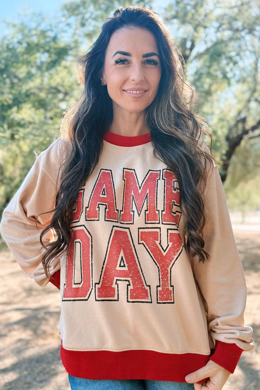 White GAME DAY Letter Contrast Trim Baggy Sweatshirt