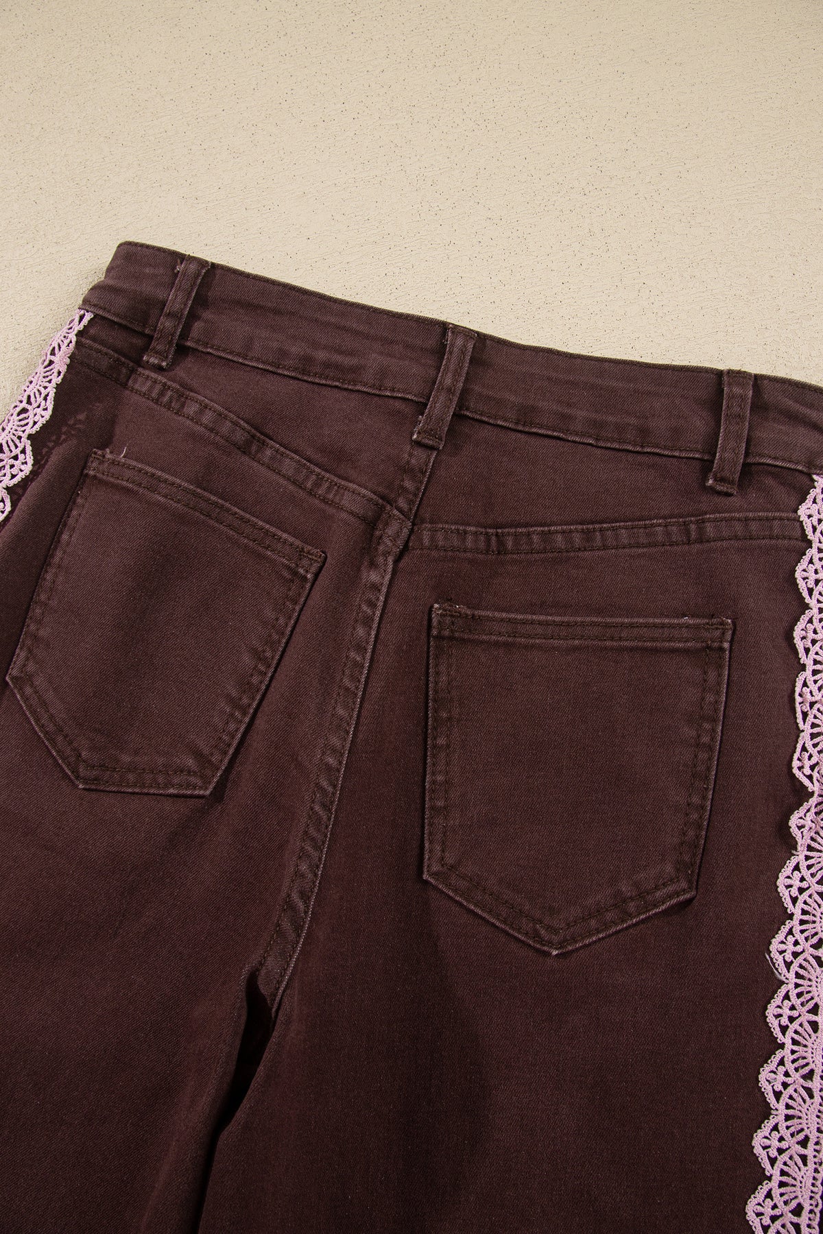 Coffee Lace Trim Casual Full-Length Regular Fit Jeans