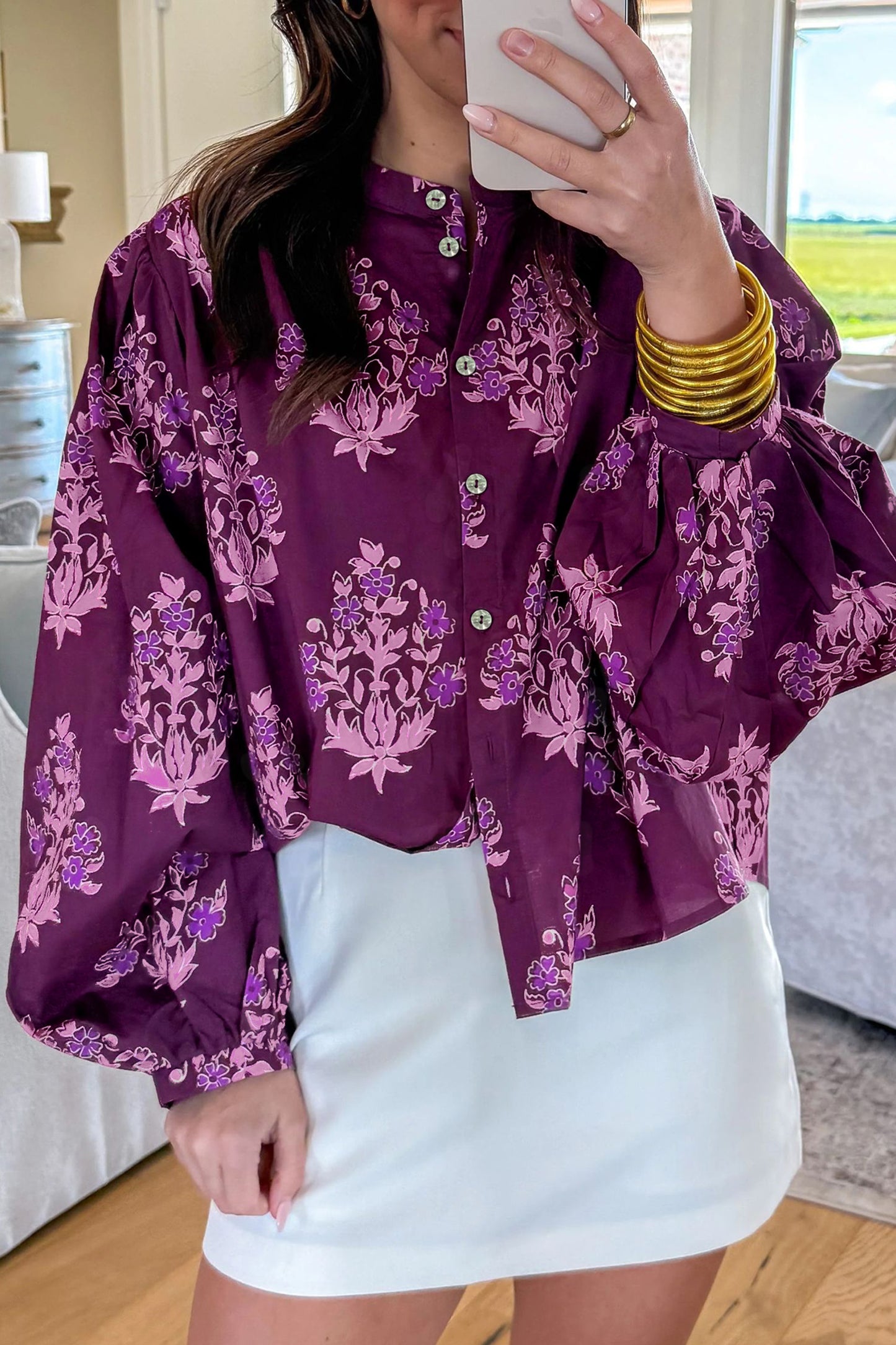 Purple Floral Print Button-Up Long Sleeve Regular Fit Shift Blouse
