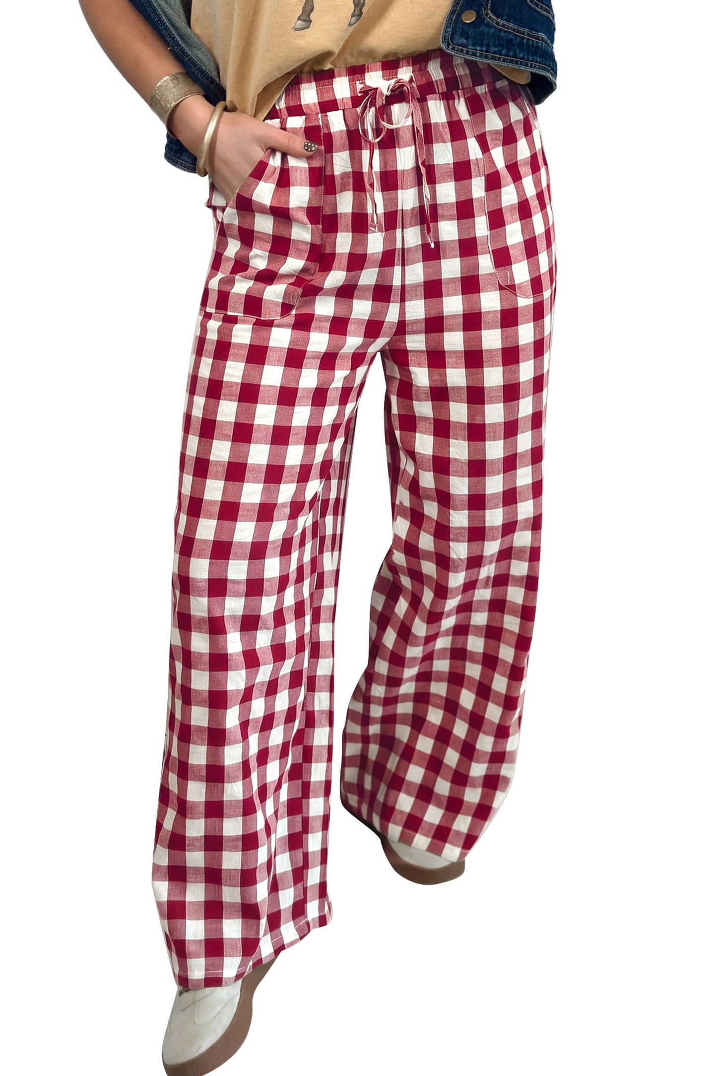 Blue Gingham Plaid Tie Elastic Waist Shift Pants