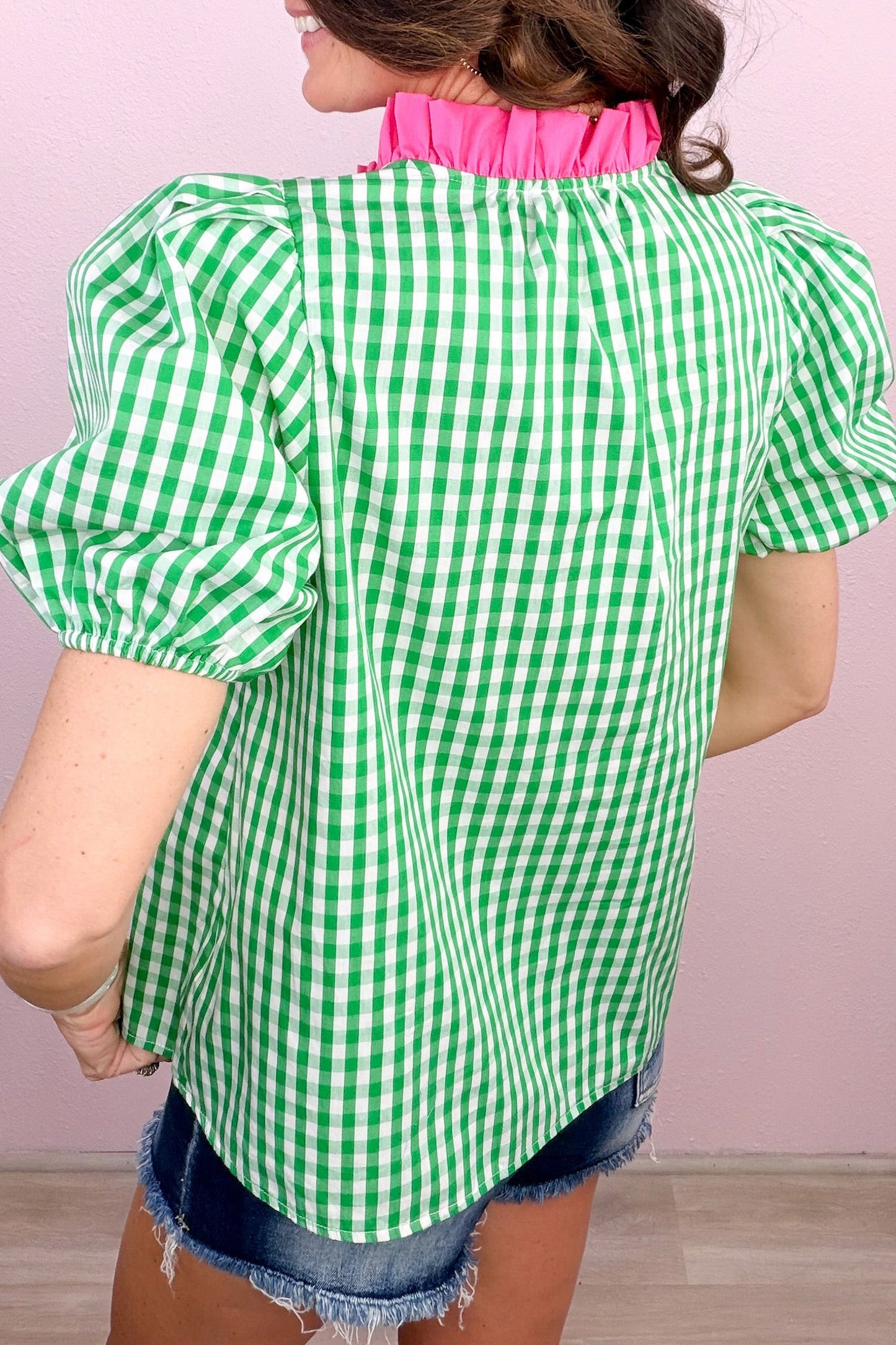 Green Gingham Plaid Bubble Sleeve Colorblock Trim V Neck Blouse