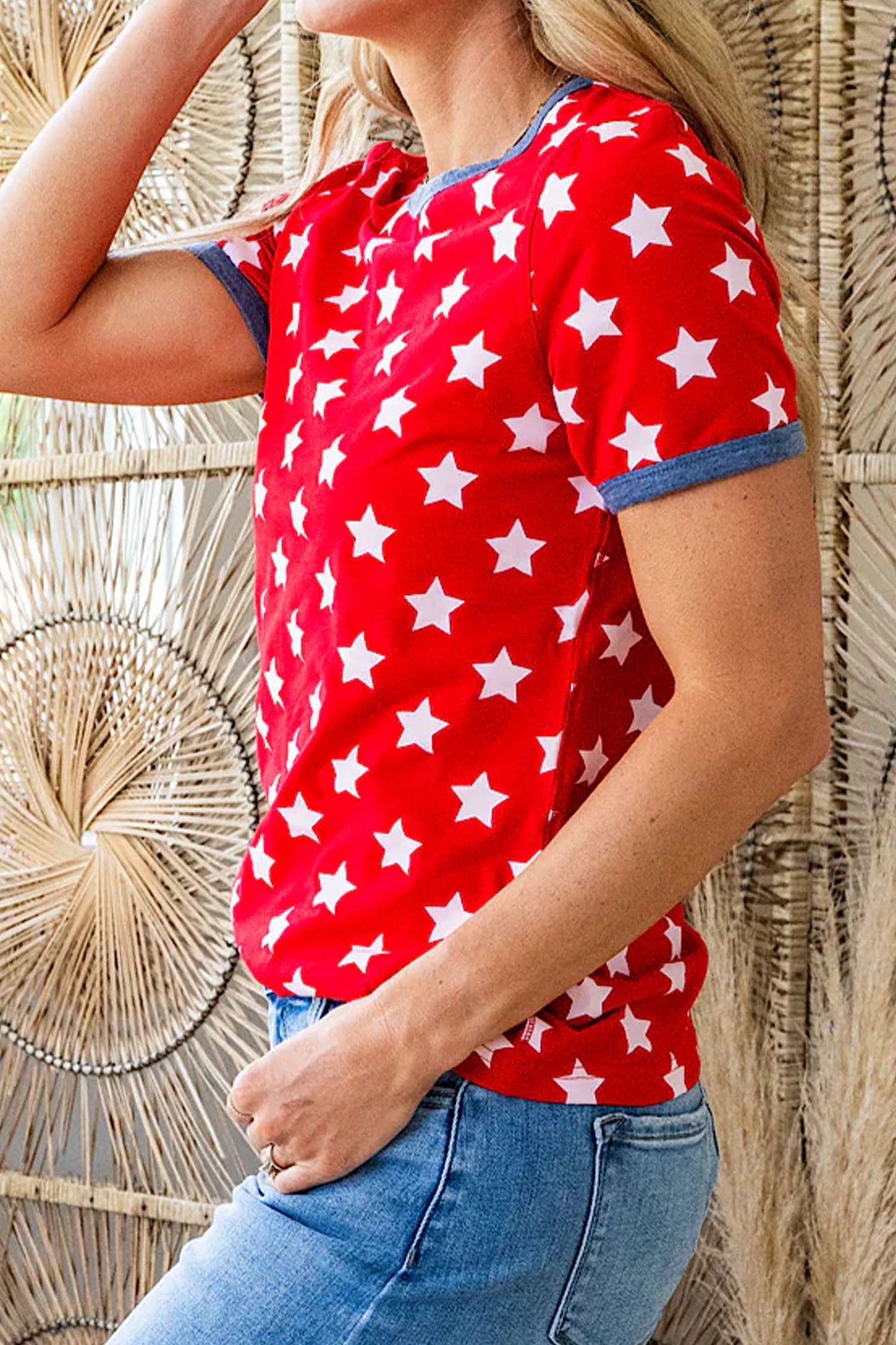 Red Patriotic Star Print Contrast Round Neck Cuffed Tee