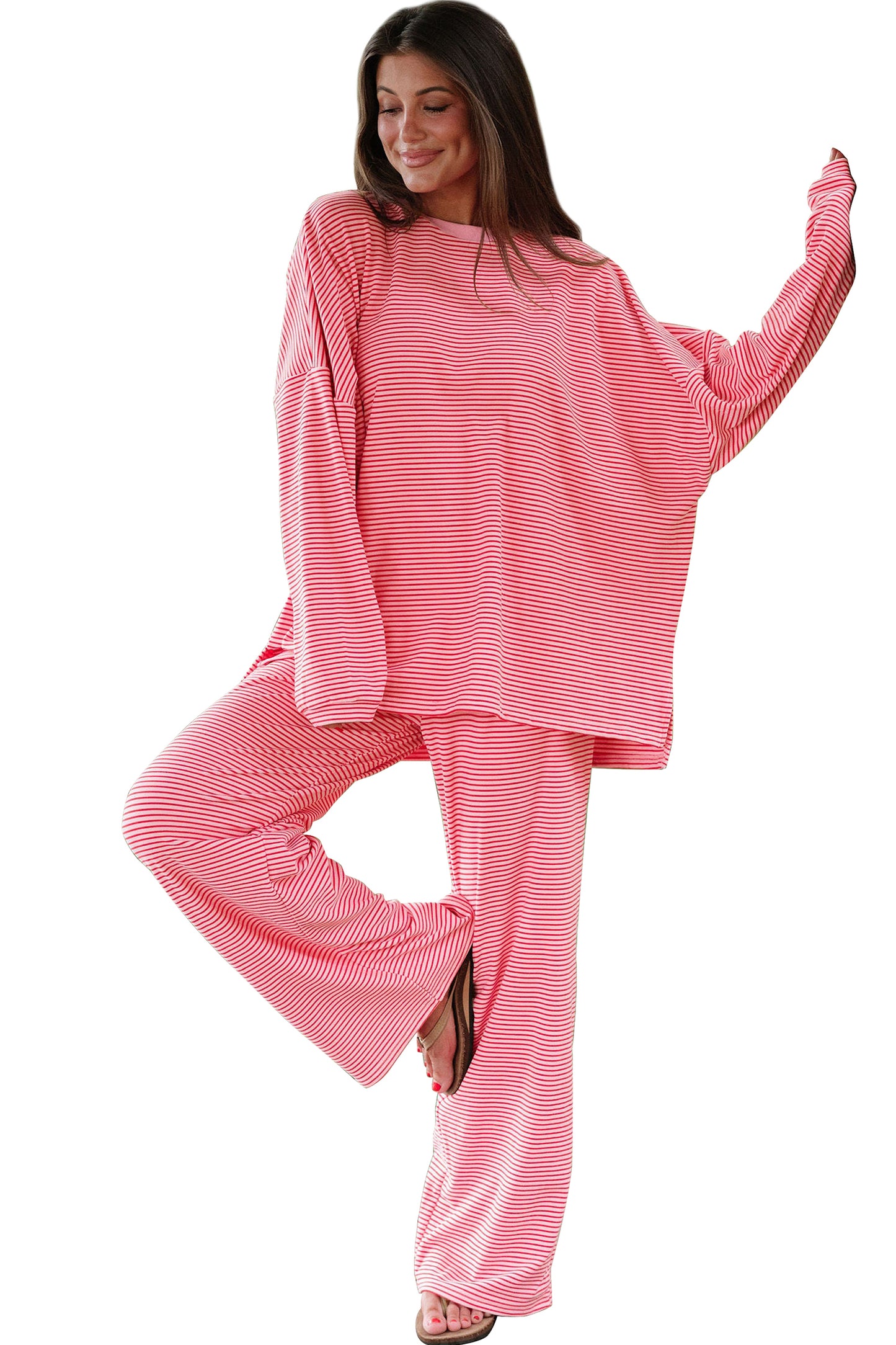 Pink Stripe Striped Drop Shoulder Long Sleeve Pant Set