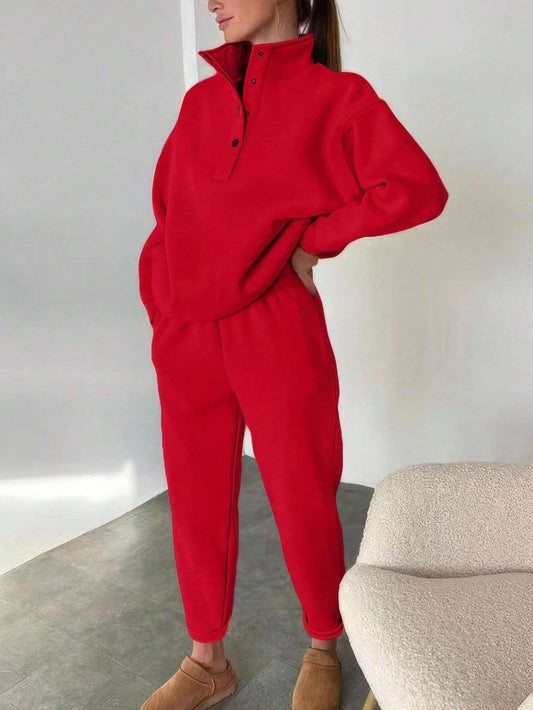 button-up stand-up collar hoodie with matching loose trousers