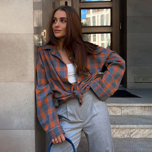 Loose fit plaid button down shirt