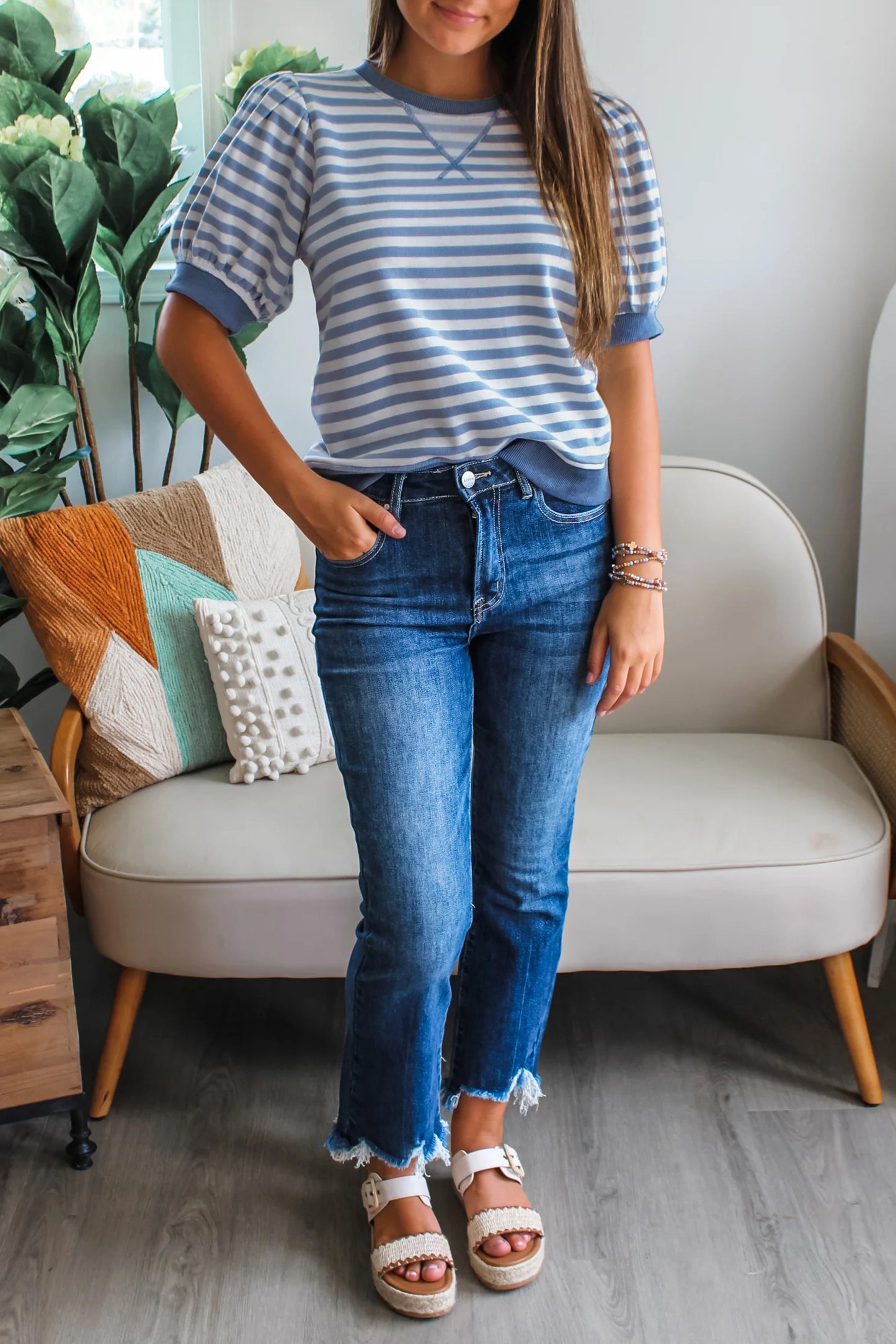 Sky Blue Stripe Short Bubble Sleeve T Shirt